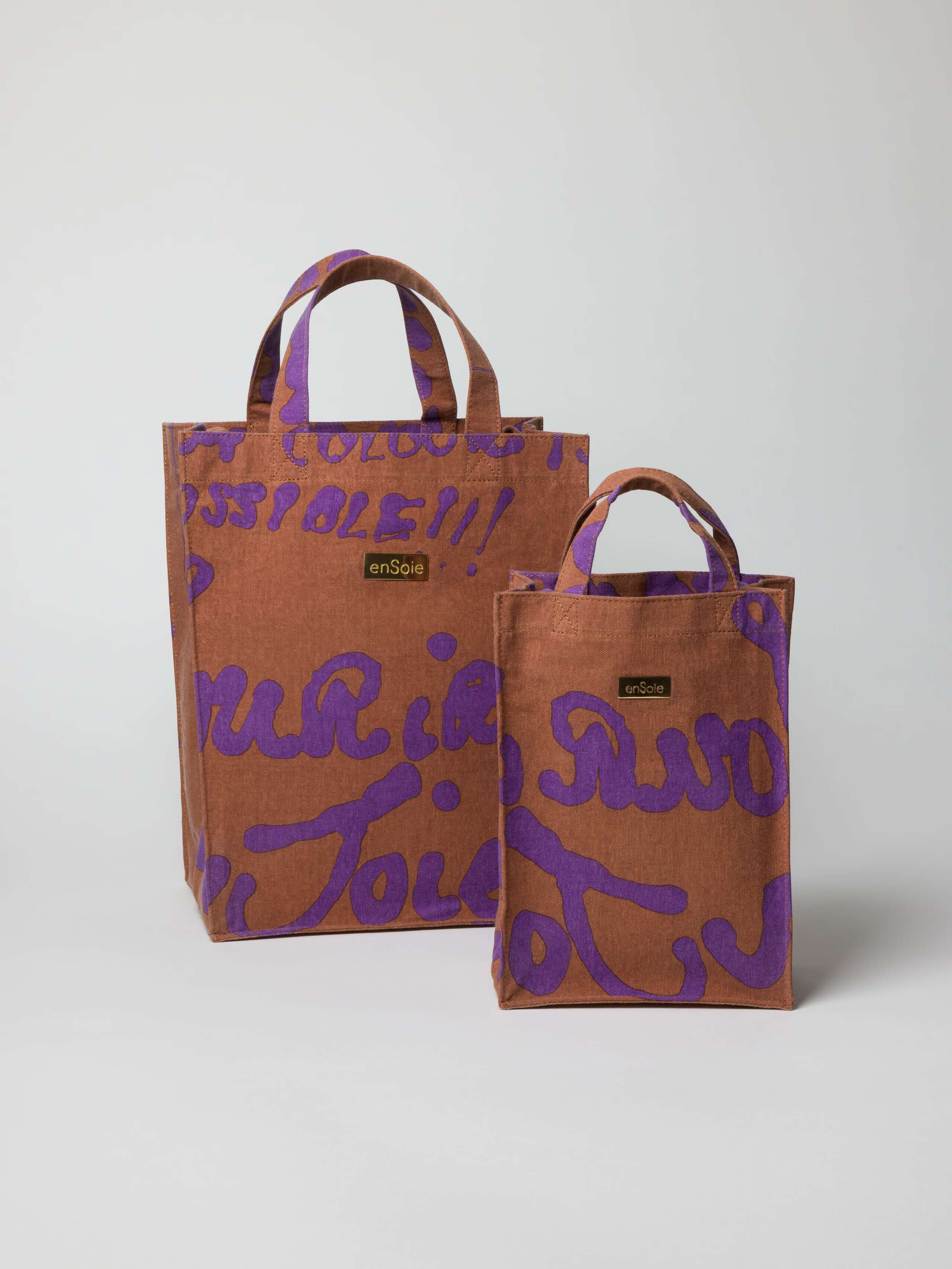 Cabas bag cotton canvas printed in brown and purple proverb print