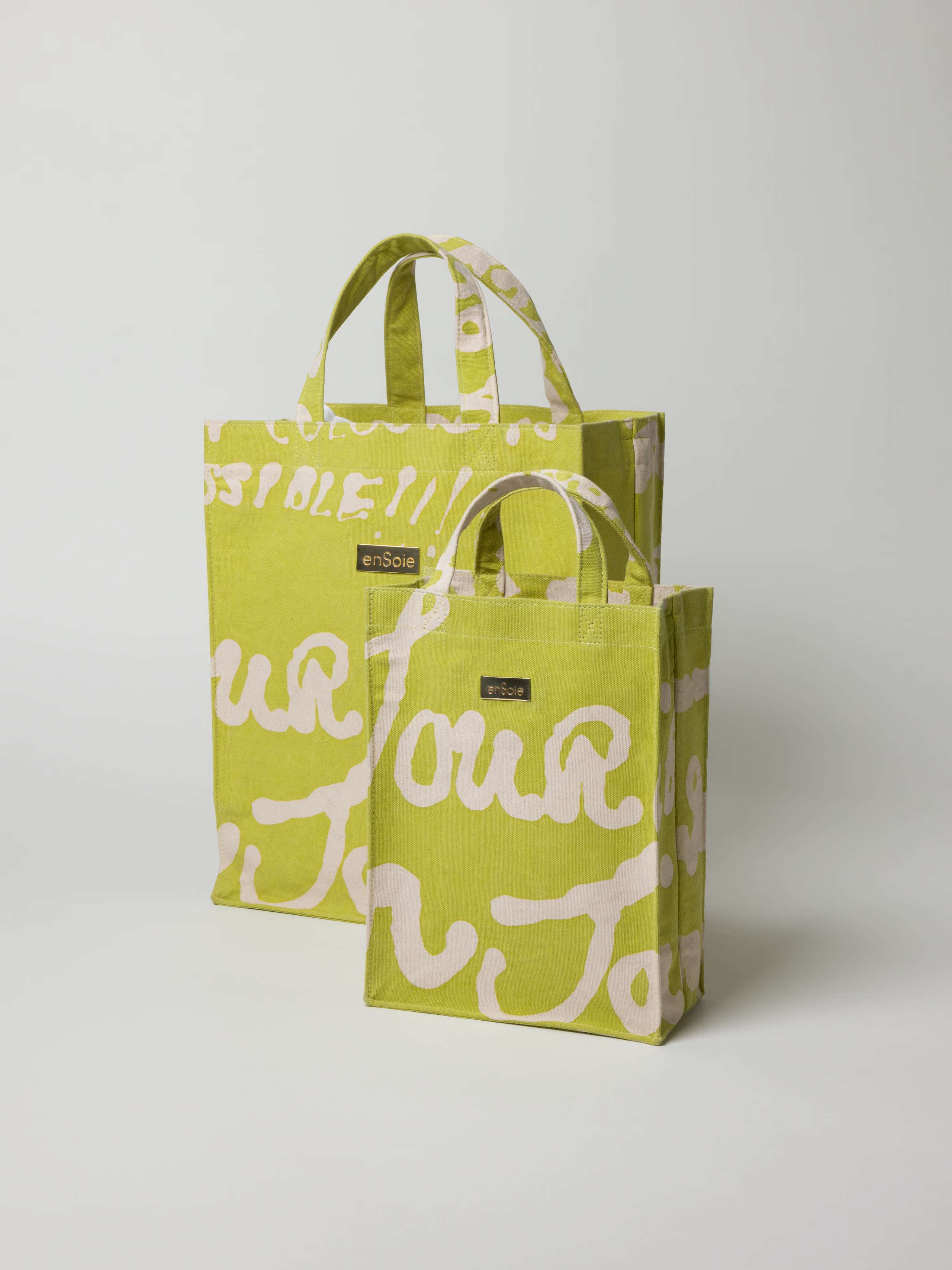 Cabas bag cotton canvas printed in light green and rose proverb print