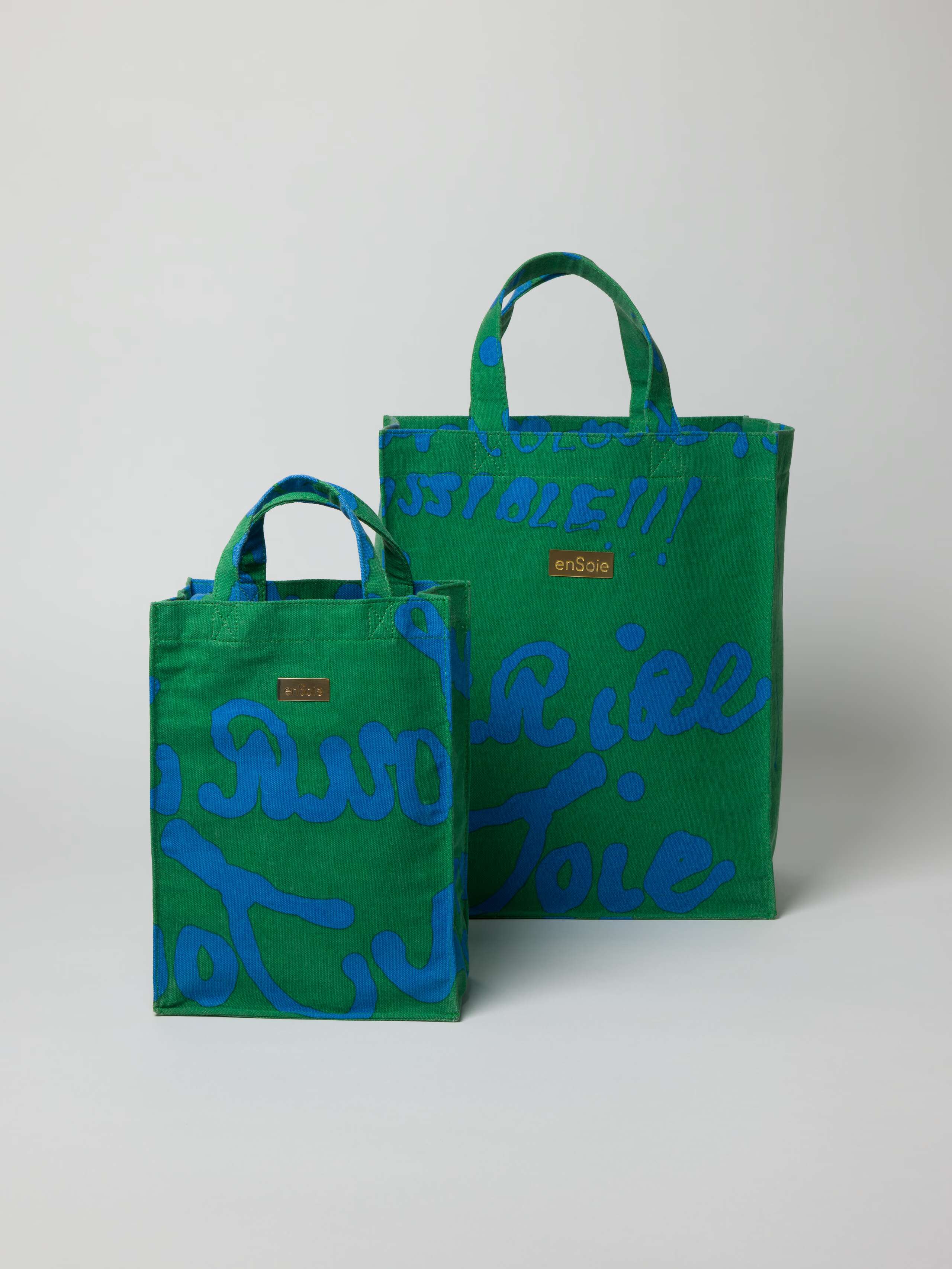 Cabas bag cotton canvas printed in green and blue proverb print