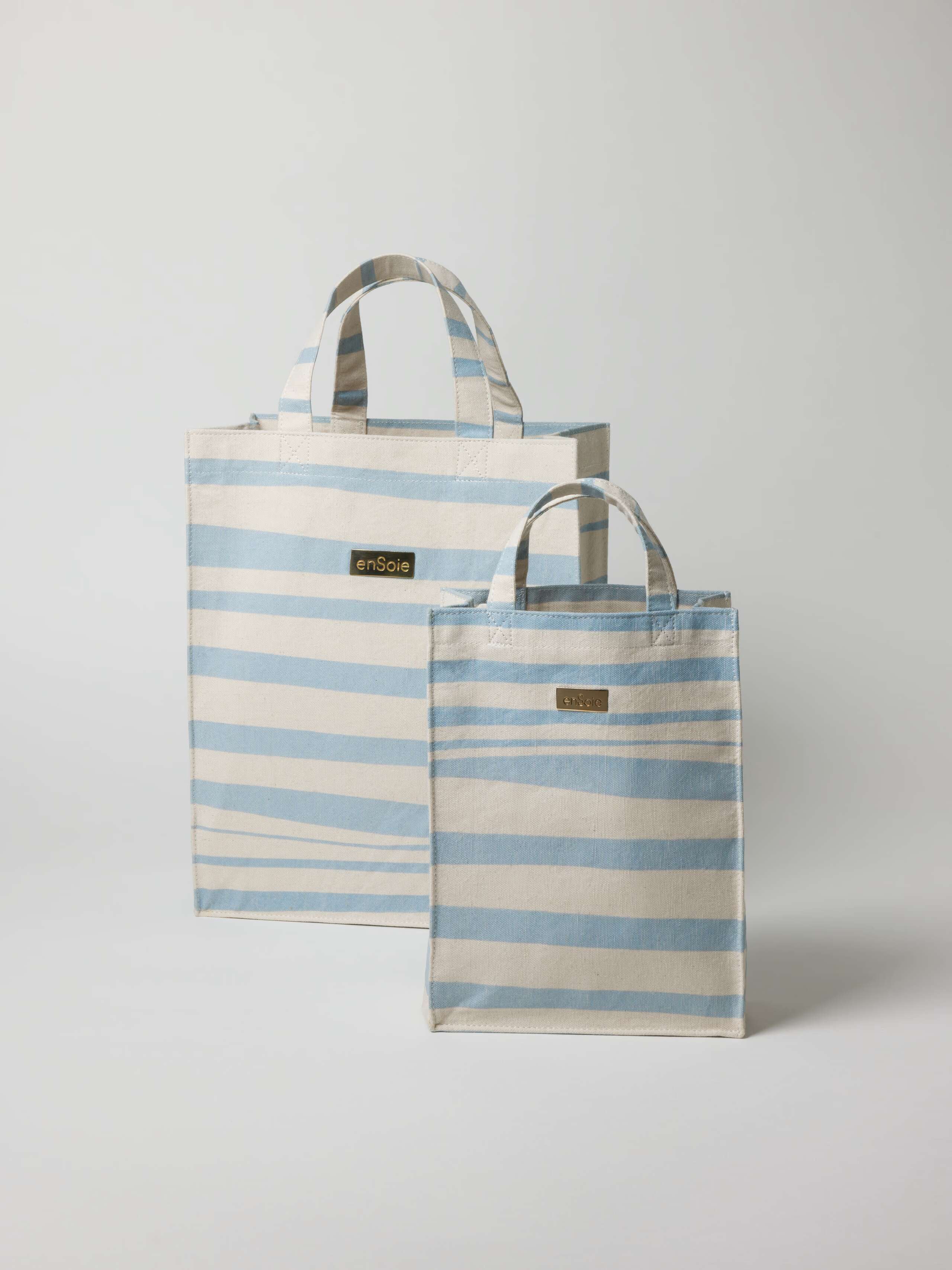 Cabas bag cotton canvas stripe print in light blue white in two sizes
