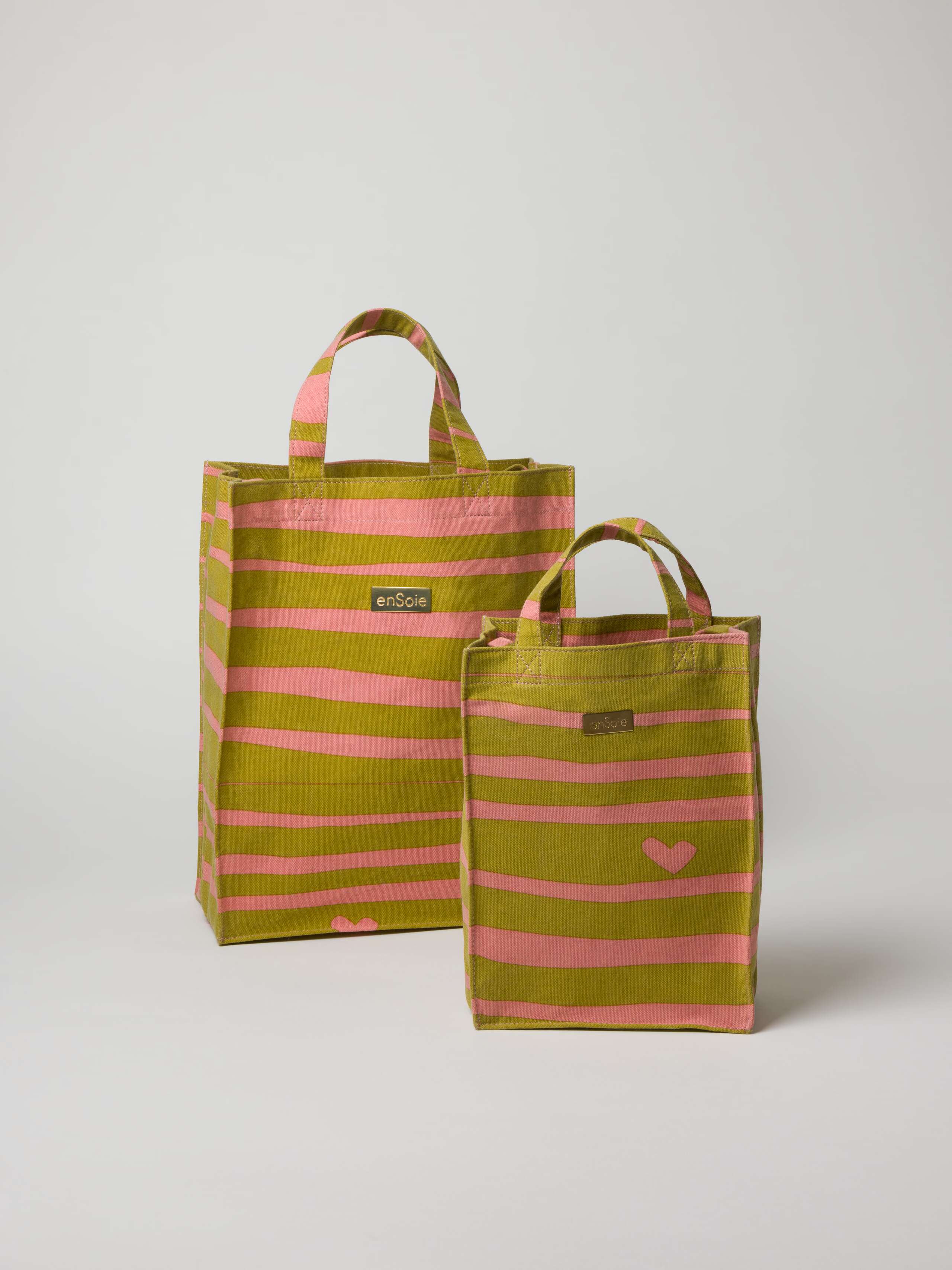Cabas bag cotton canvas stripe print in green and rose