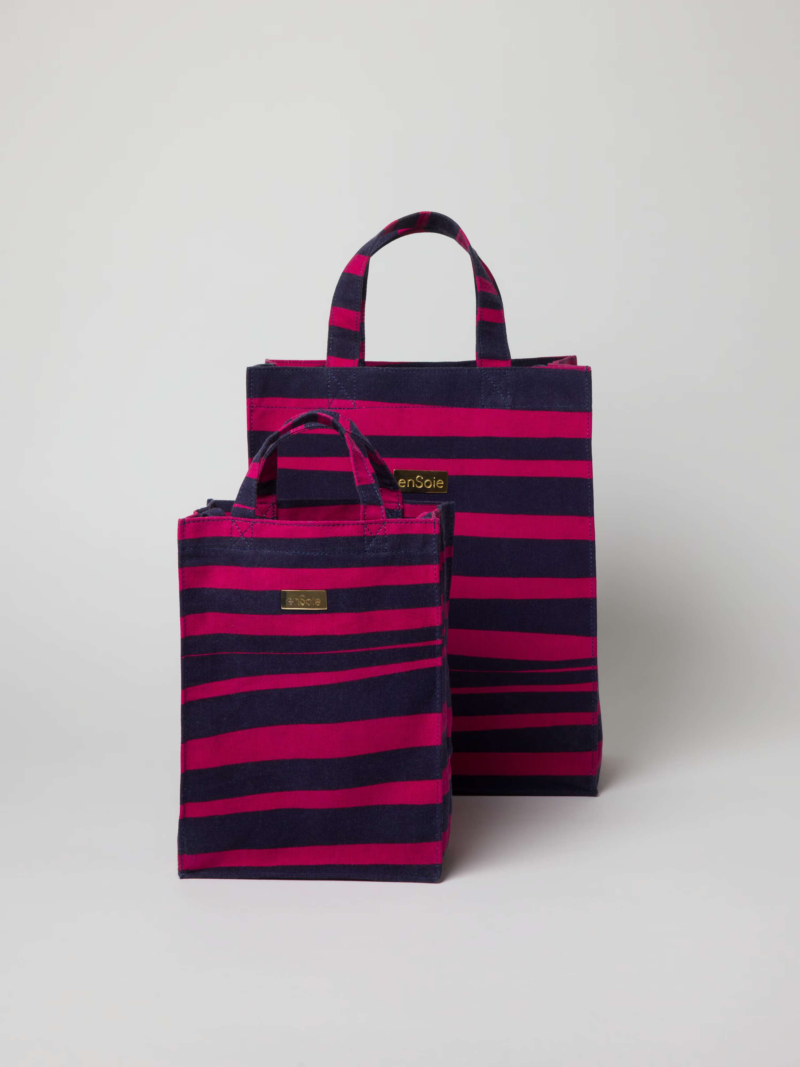 Cabas bag cotton canvas stripe print in navy and pink