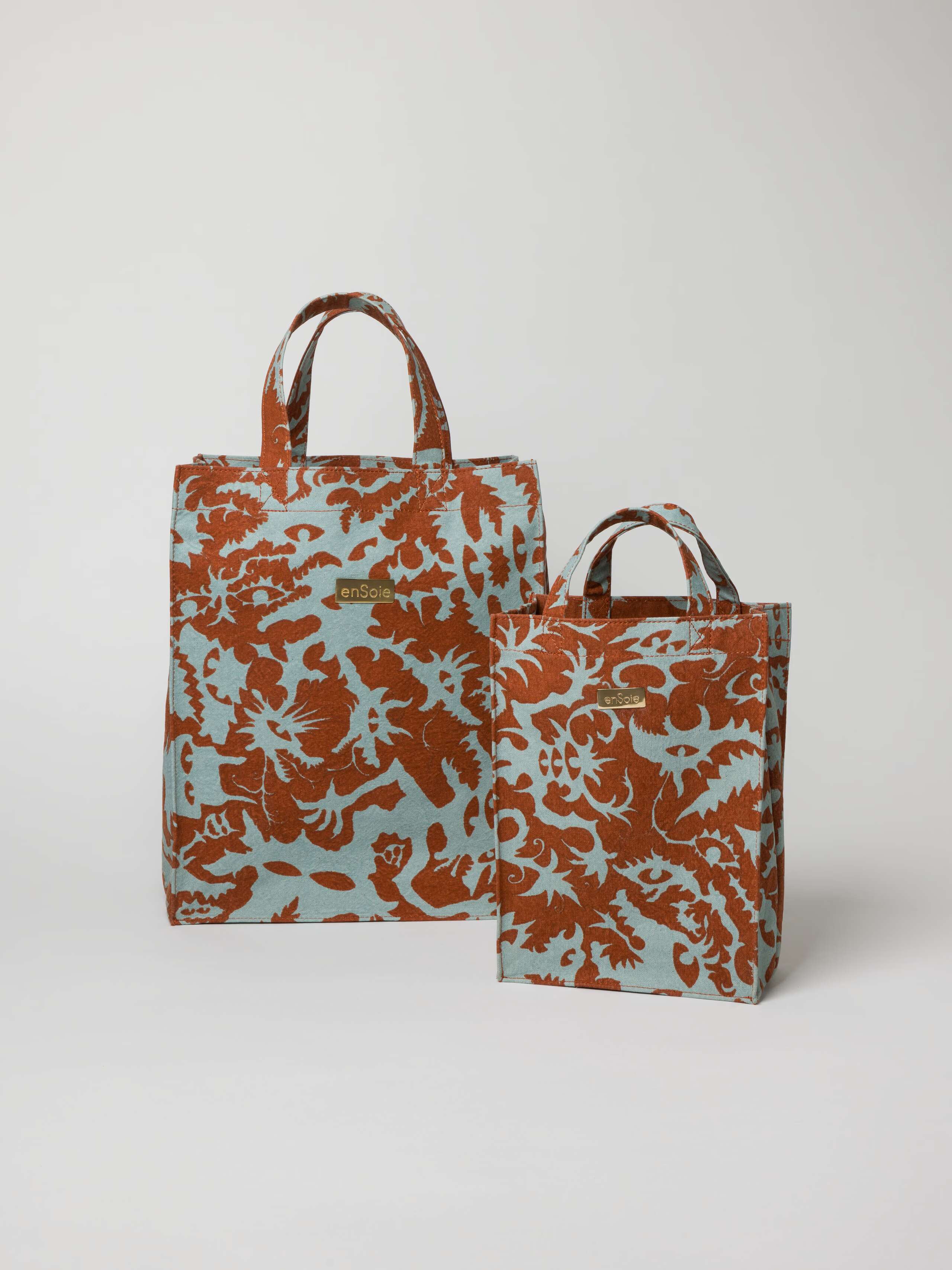 Monster printed cotton canvas Cabas shopper bag in brown and mint 