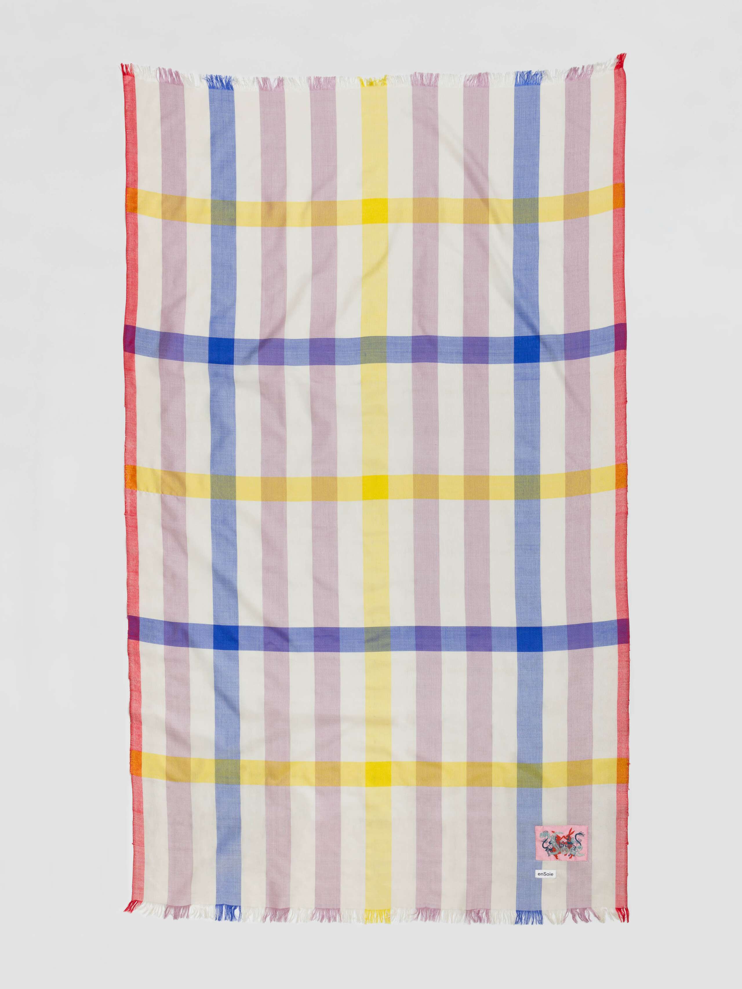 Silk check scarf in blue and lilac and yellow