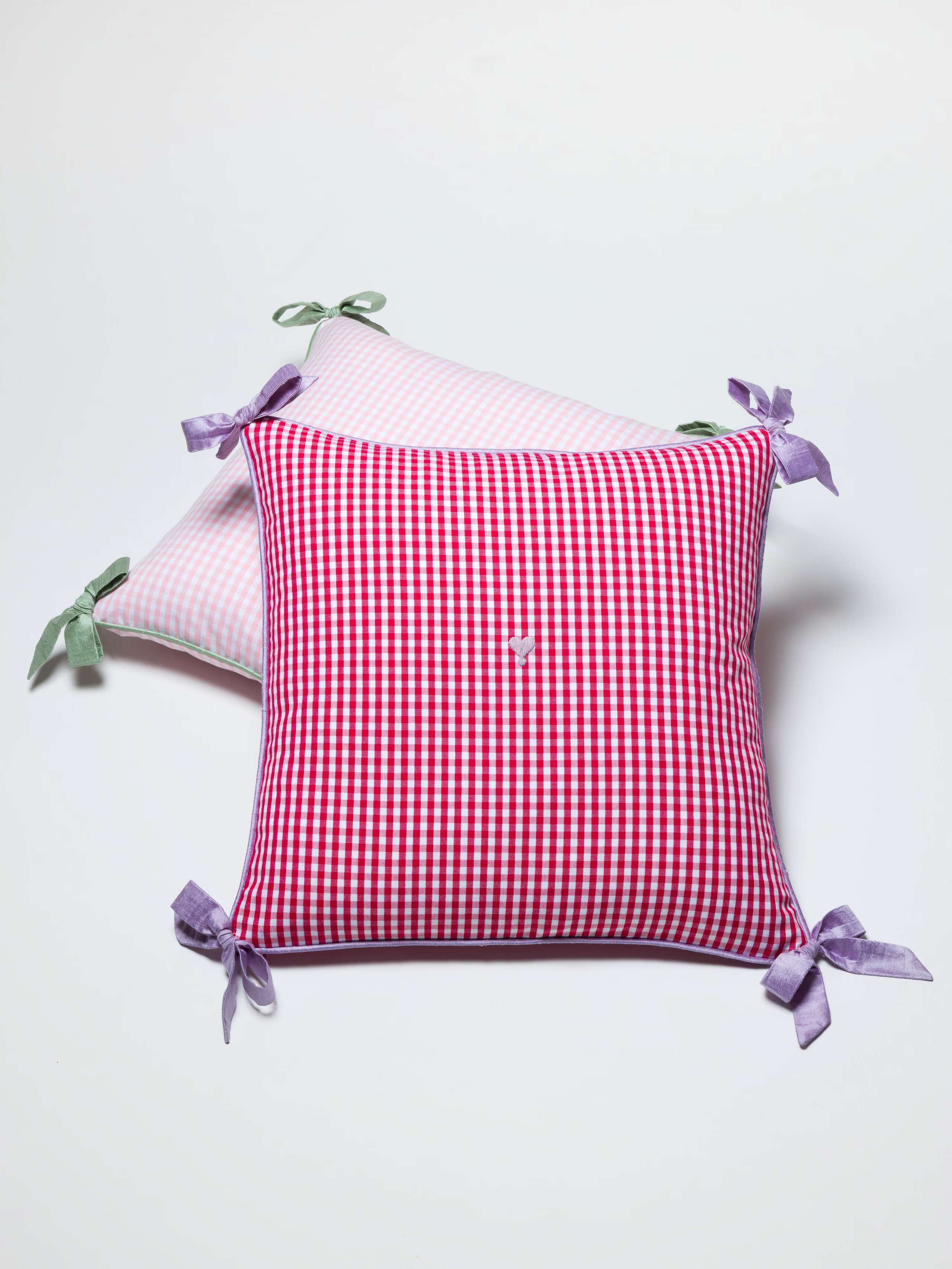 Mila pillow cover in vichy pink and red with doupion silk bows