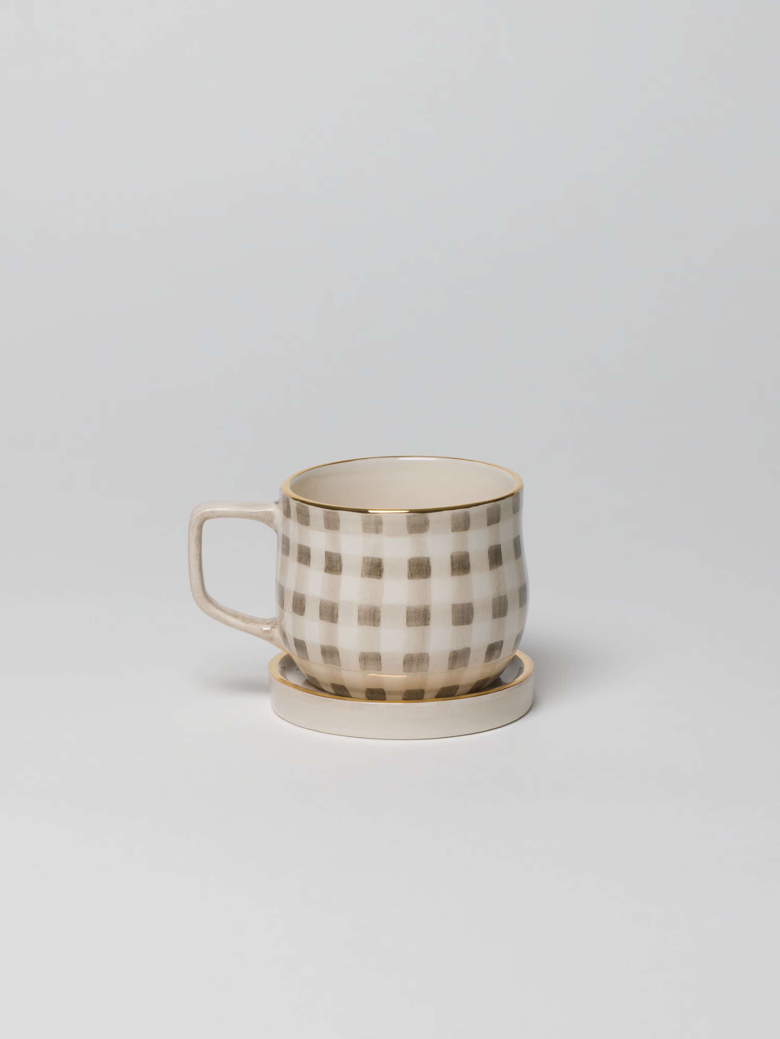 Fleur cup and saucer in a new Linen Clay colour vichy, handpainted