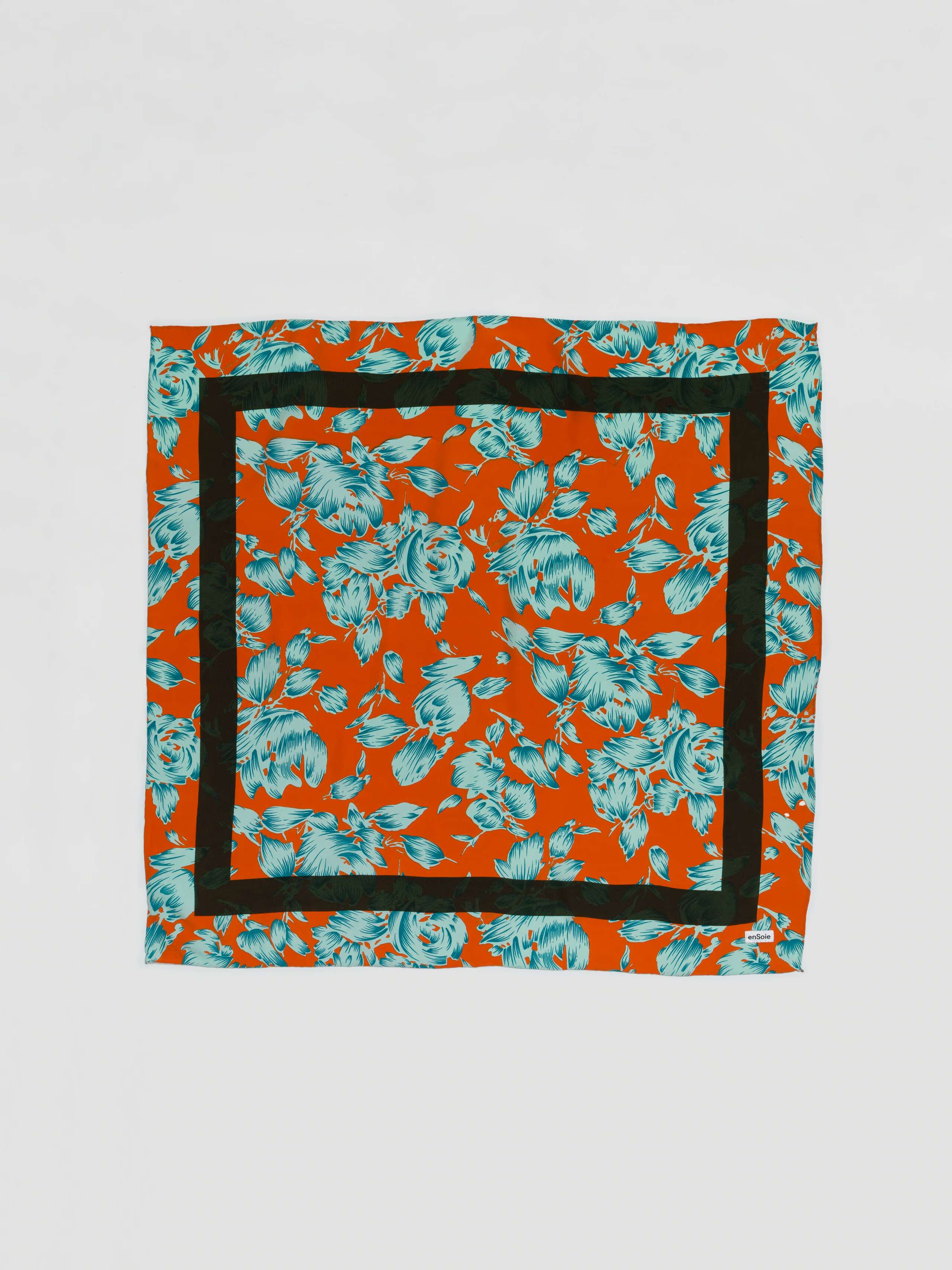 Printed Flower Silk foulard carré enSoie orange teal