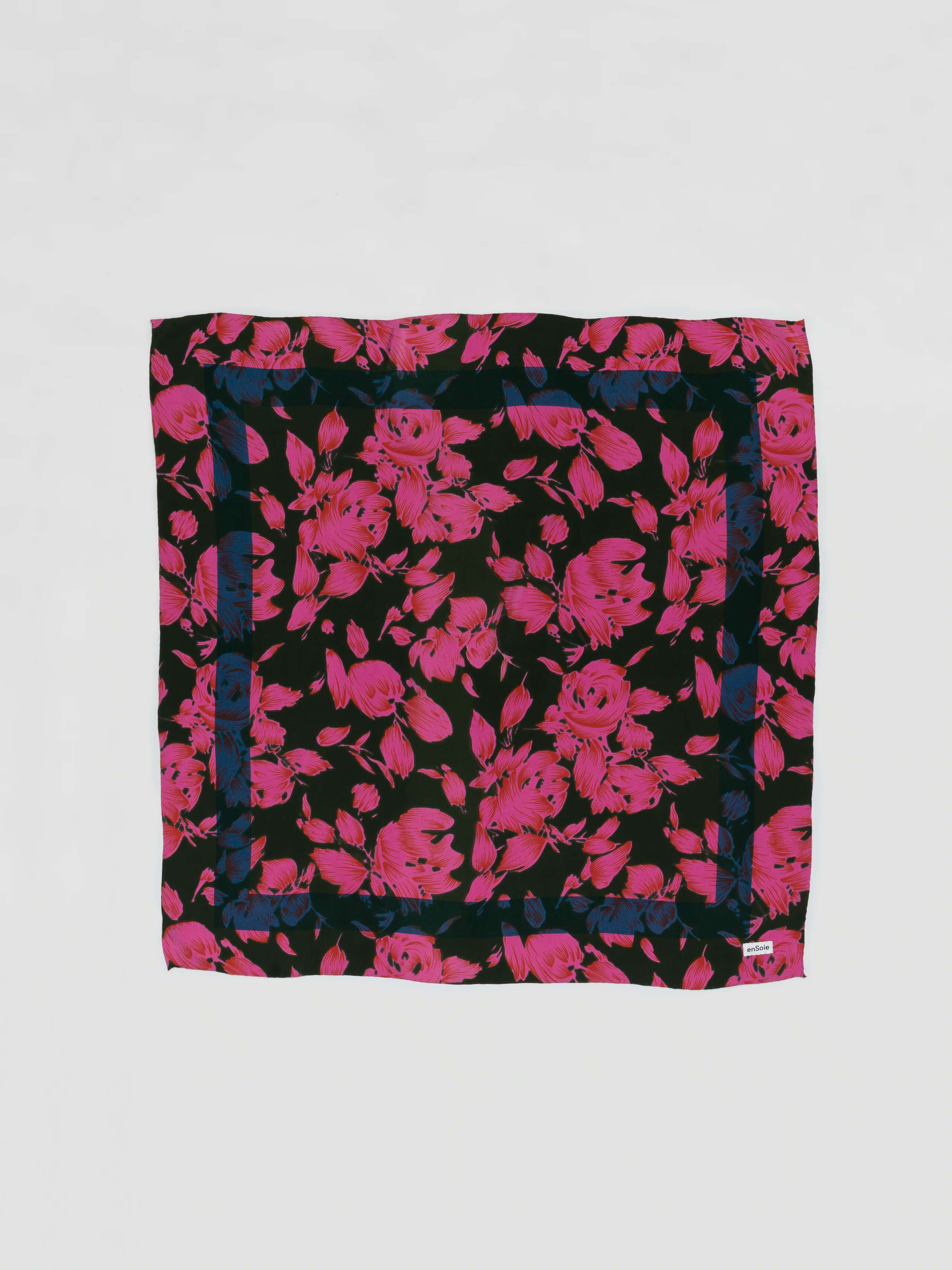 Printed Flower Silk foulard carré enSoie Pink and Khaki