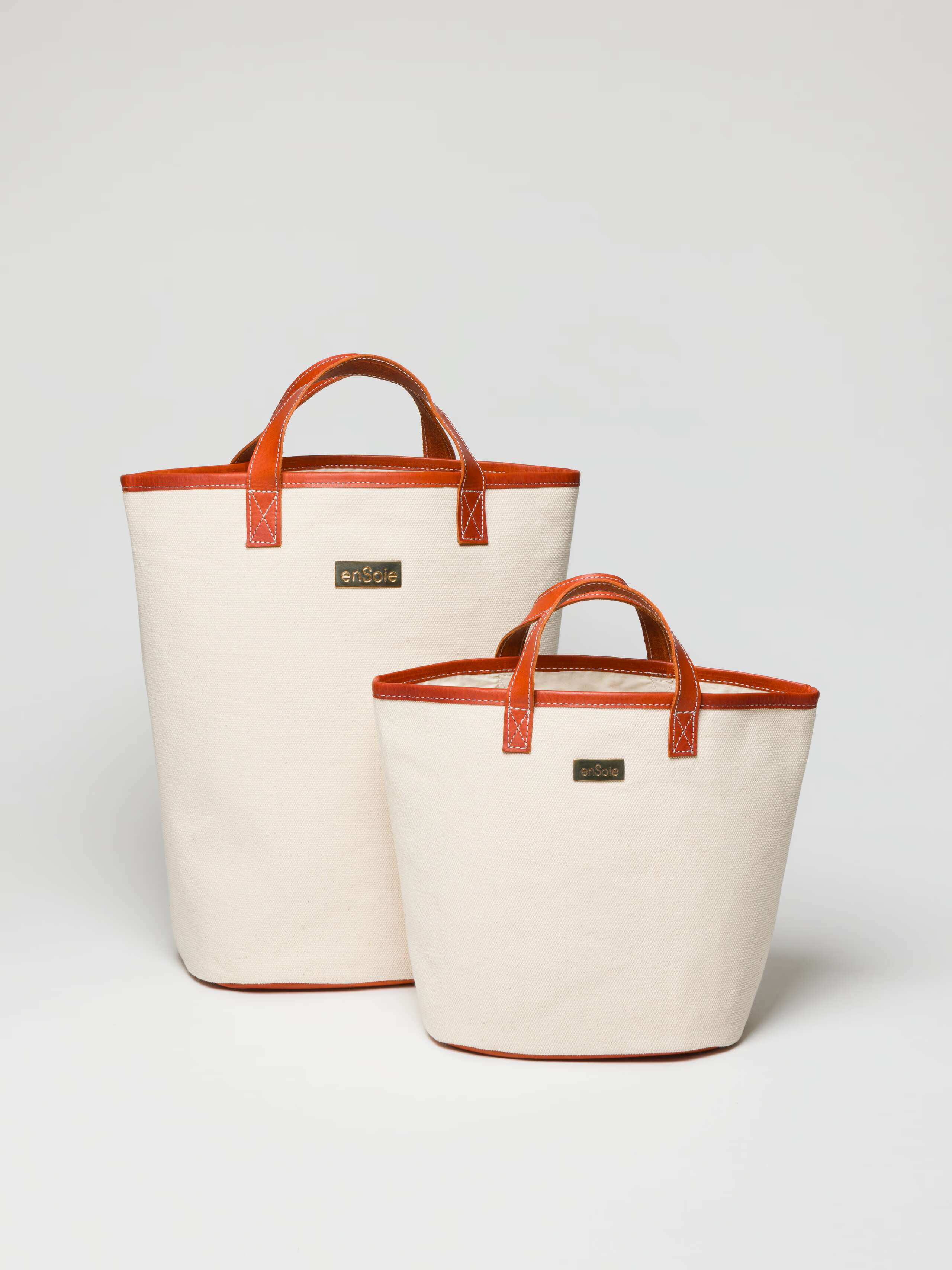 Chiara bag in canvas and leather brown and white with brass tag in two sizes shopper bag 