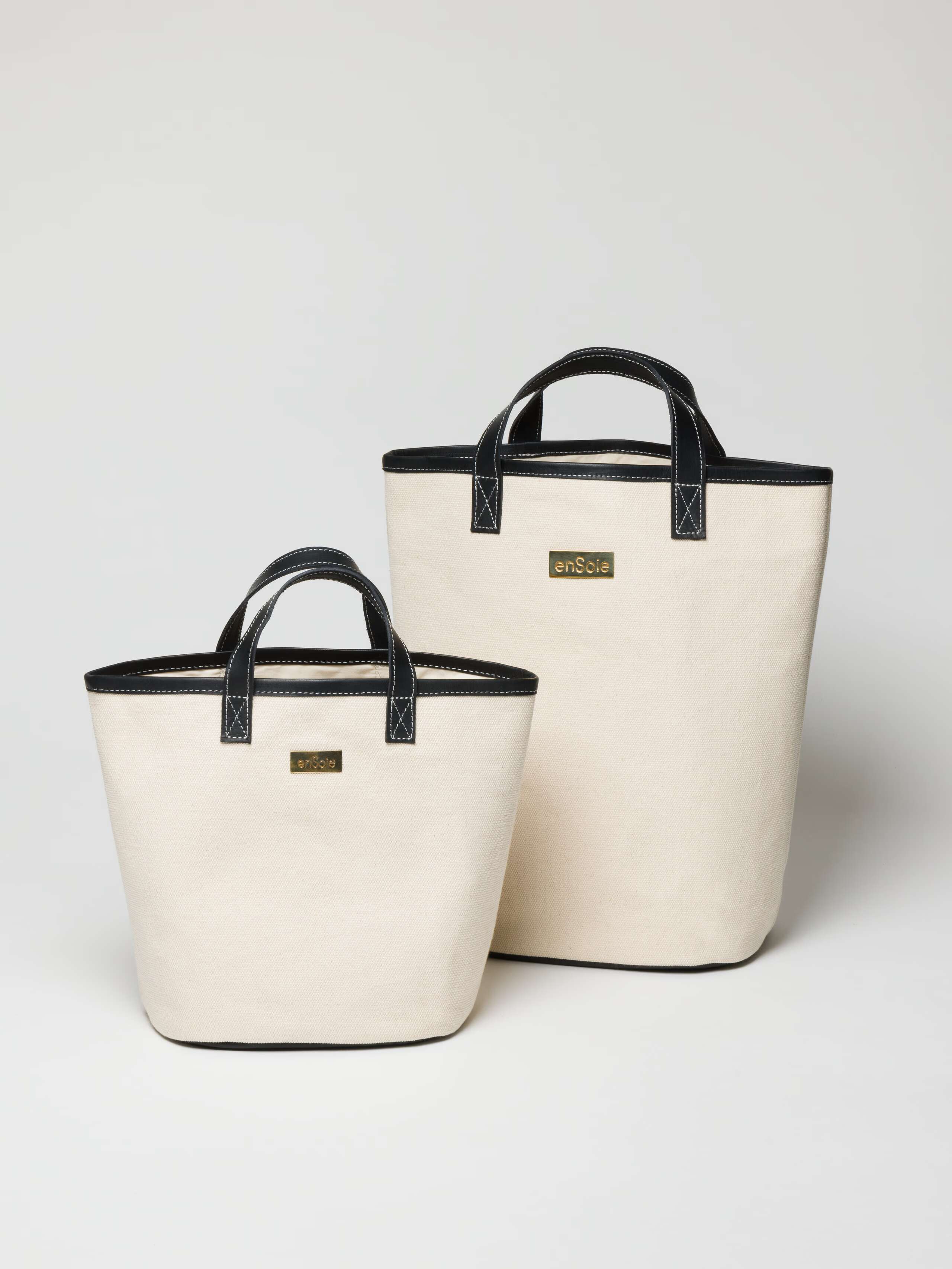 Chiara bag in canvas and leather black and white with brass tag in two sizes shopper bag 
