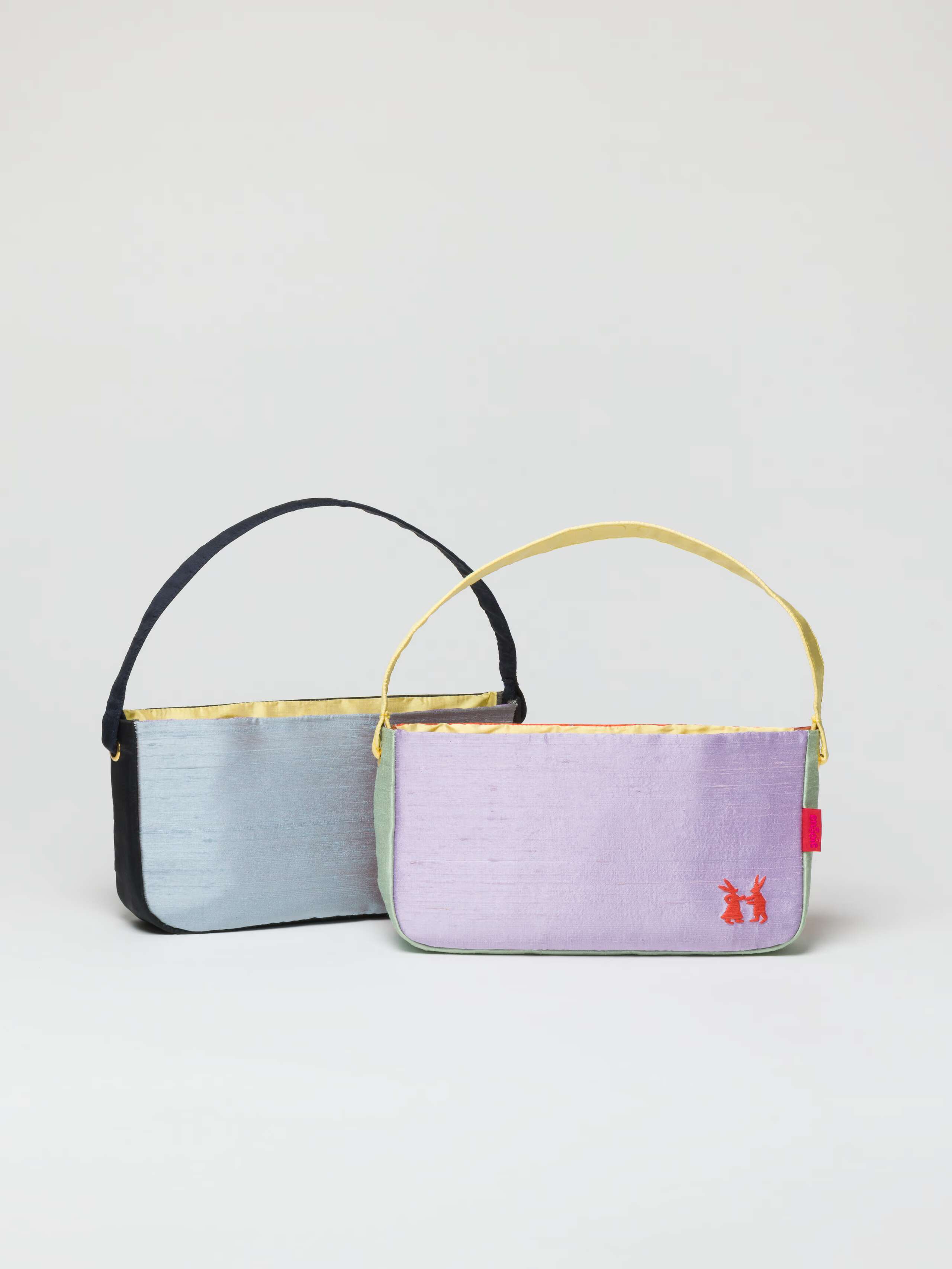 Pam bag in doupion colour block bright colours yellow green and orange lilac or muted colours light blue green black