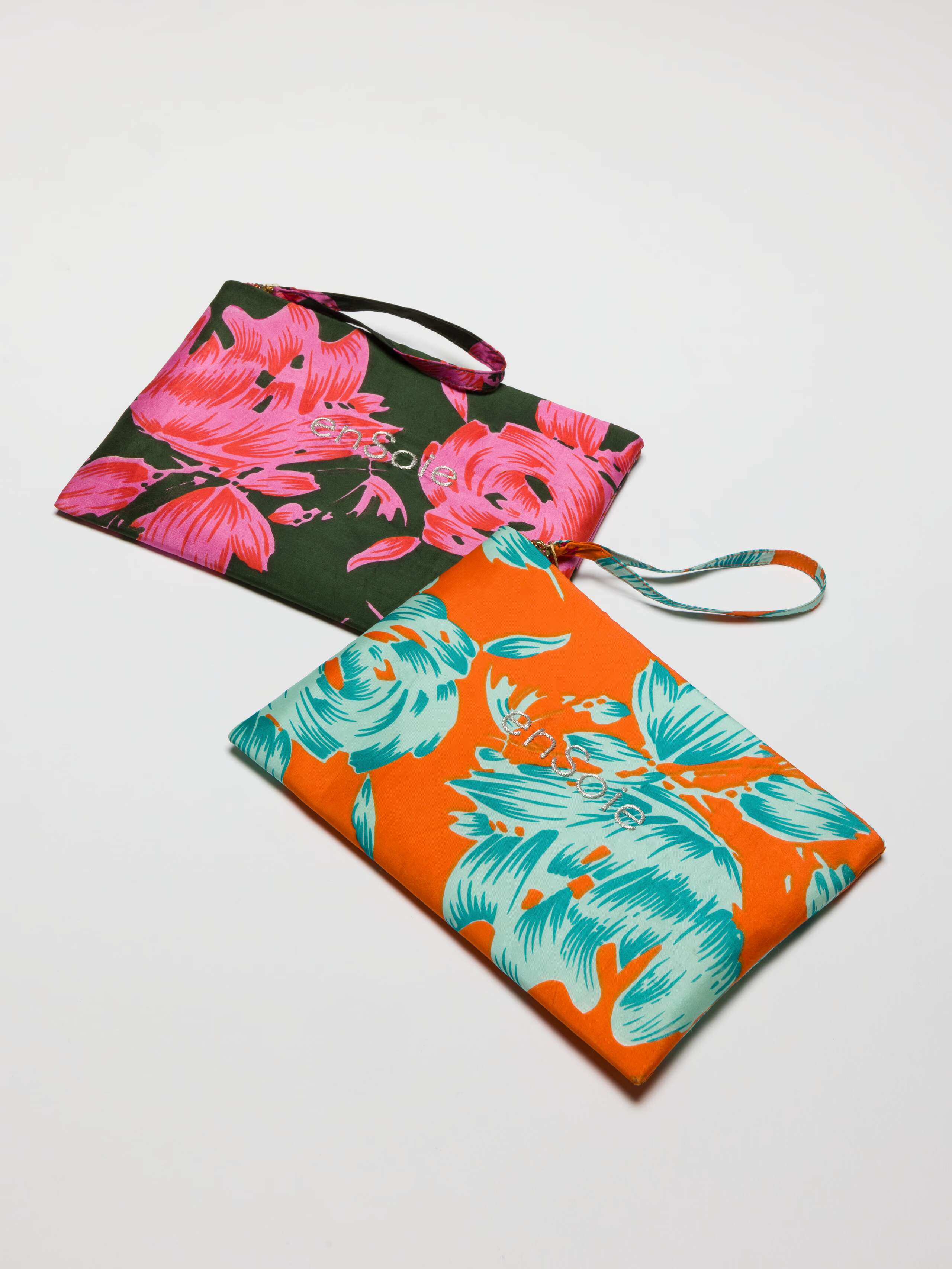 Clutch enSoie Doupion printed Flower print in rose and khaki or teal and orange