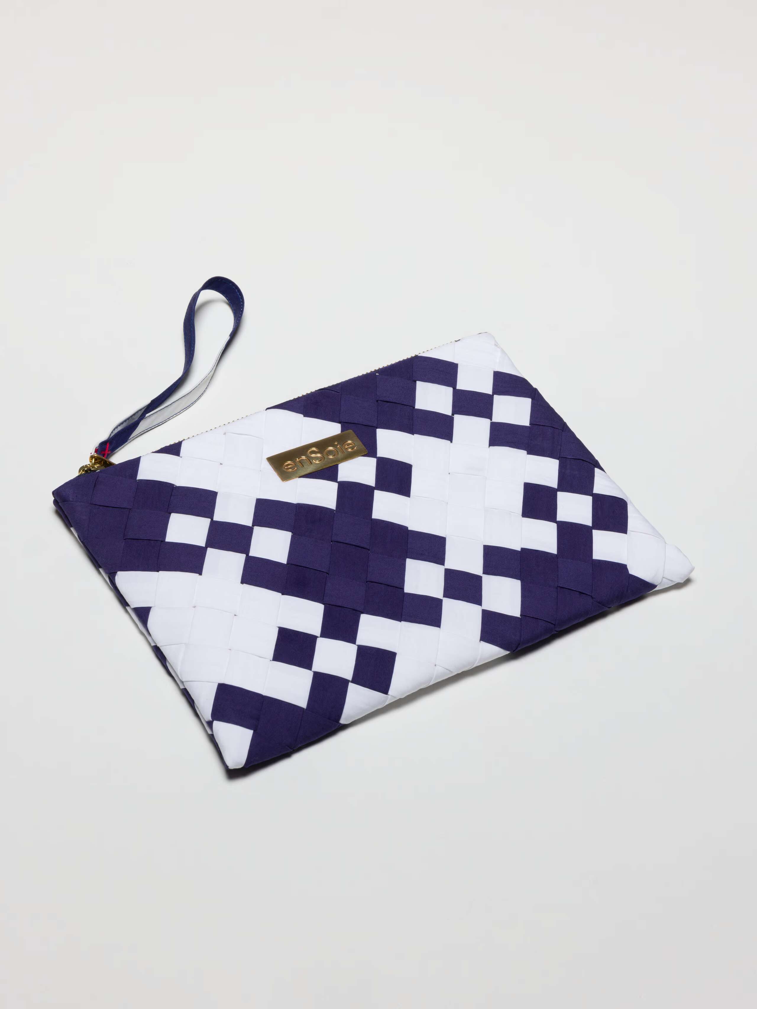Clutch bag navy white woven poplin cotton with enSoie brass tag