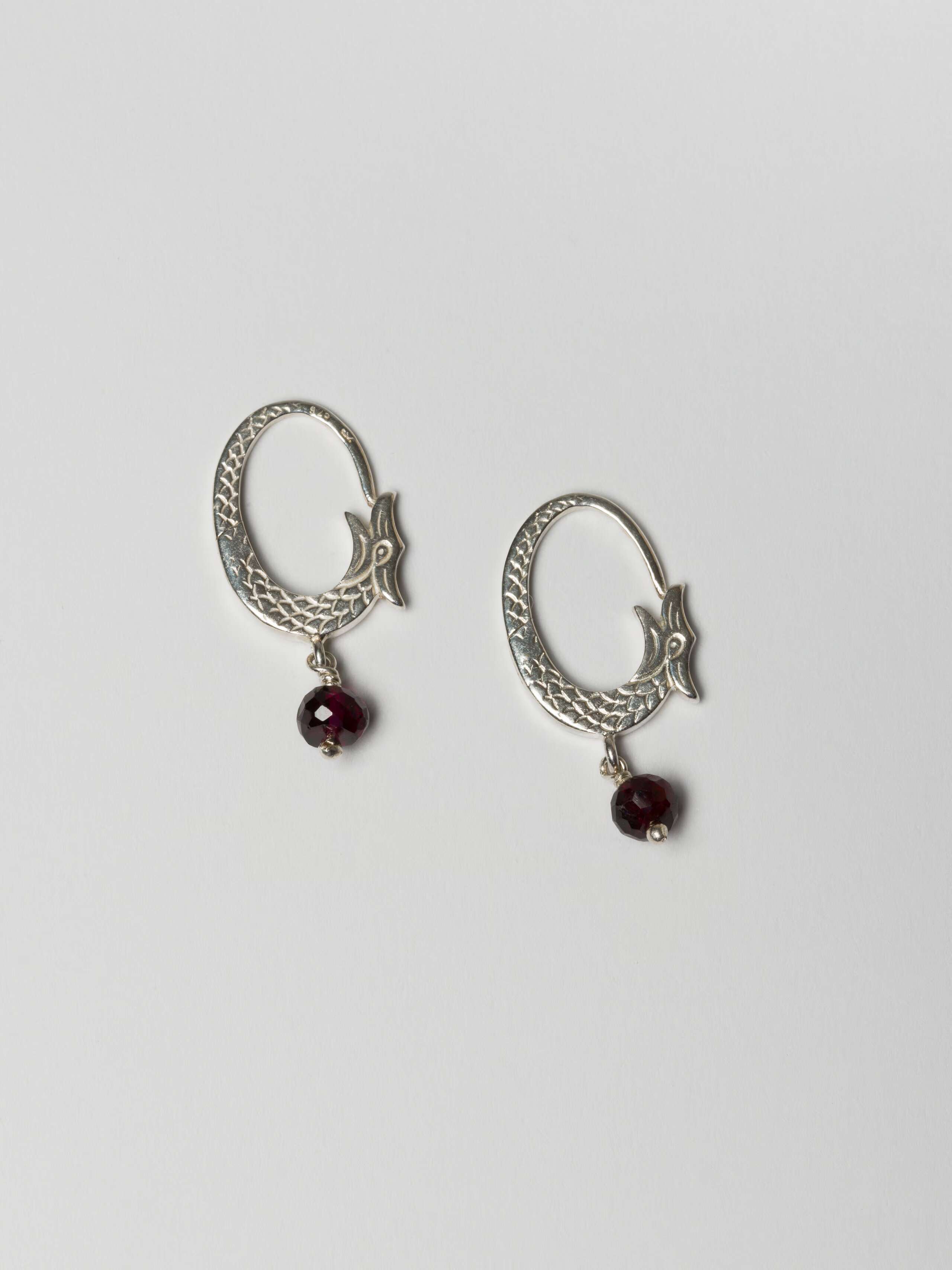 Dragon earrings in silver & garnet stone