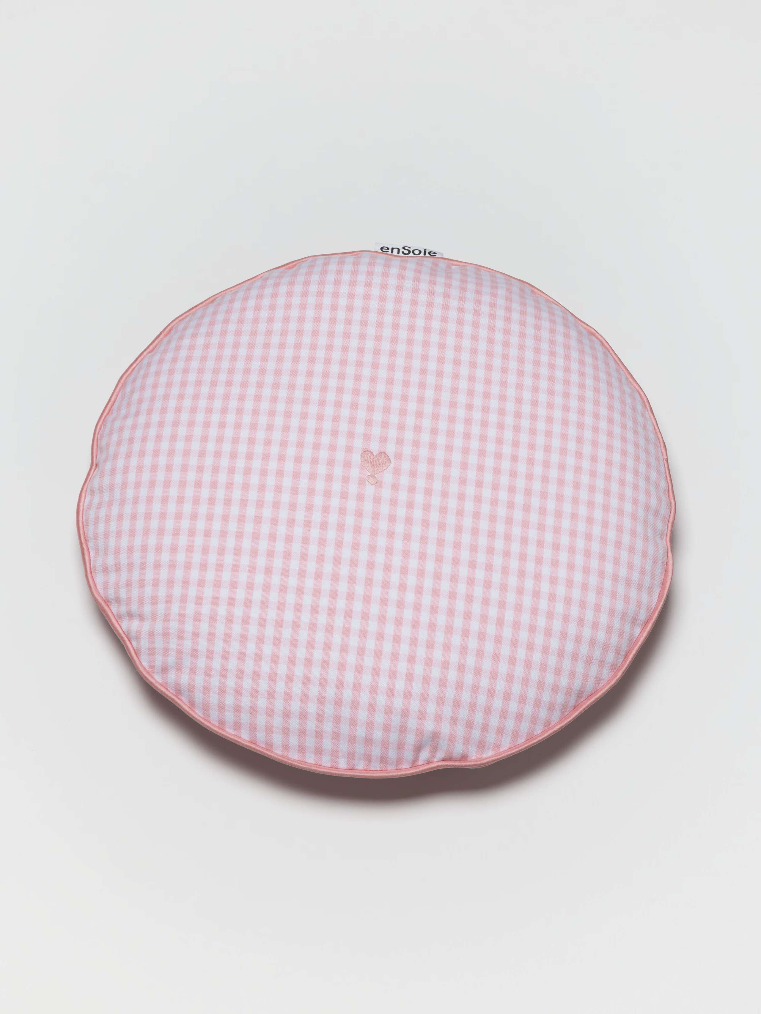Juniper round pillow cover in candy pink vichy check