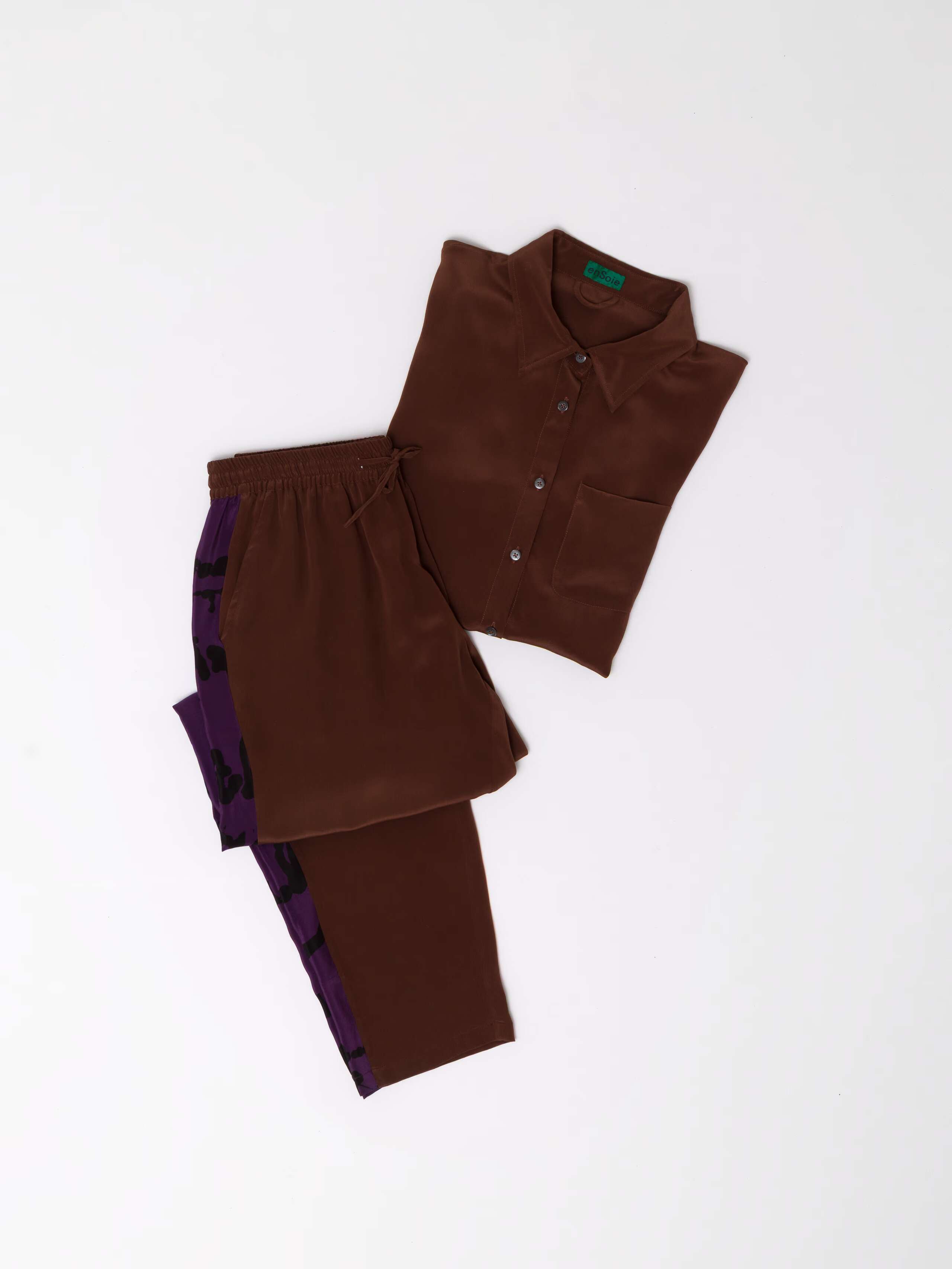 Jetlag two piece set tracksuit in one-of a kind silk brown purple