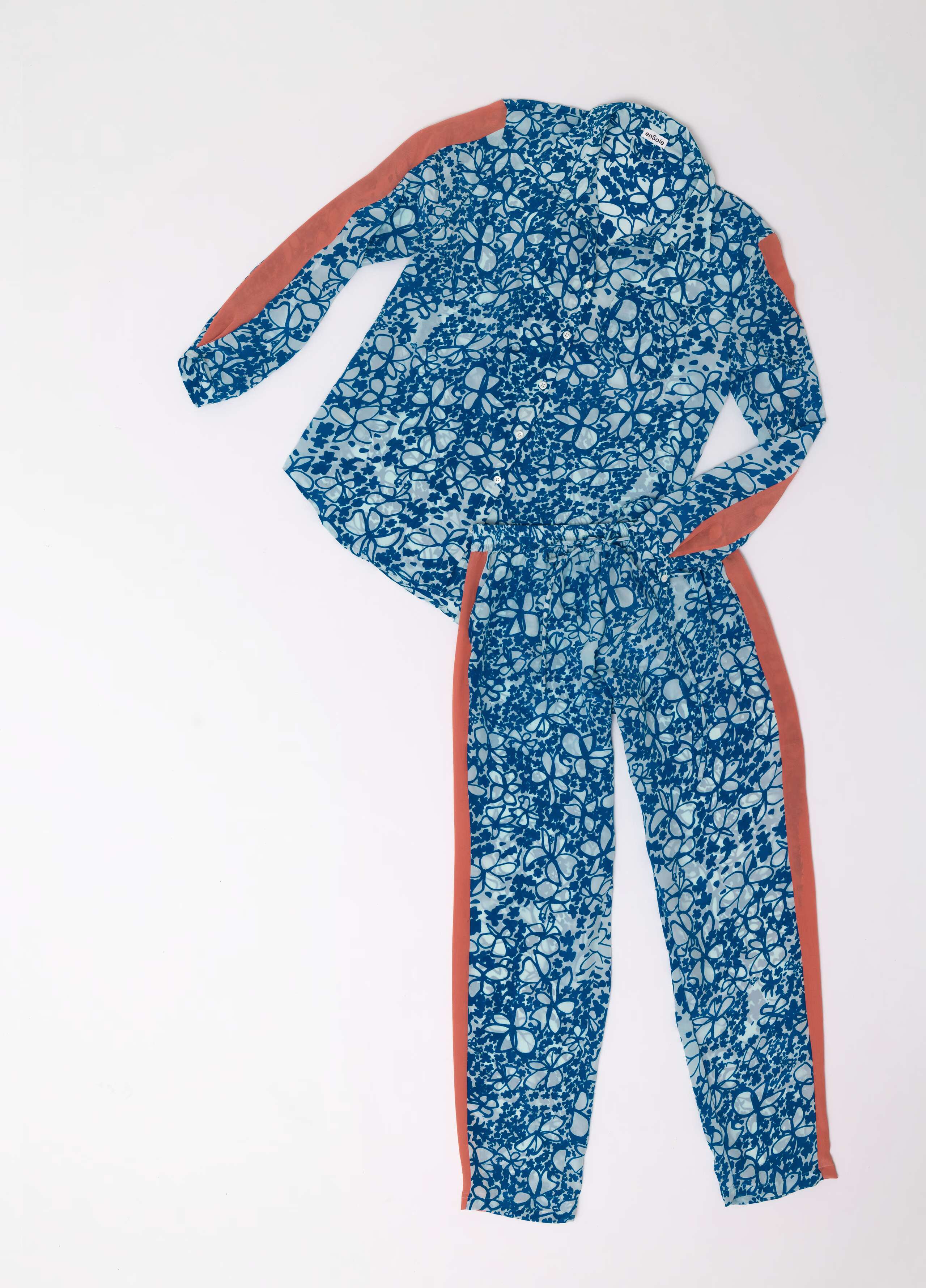 Jetlag two piece set tracksuit in one-of a kind silk flowers print in blue