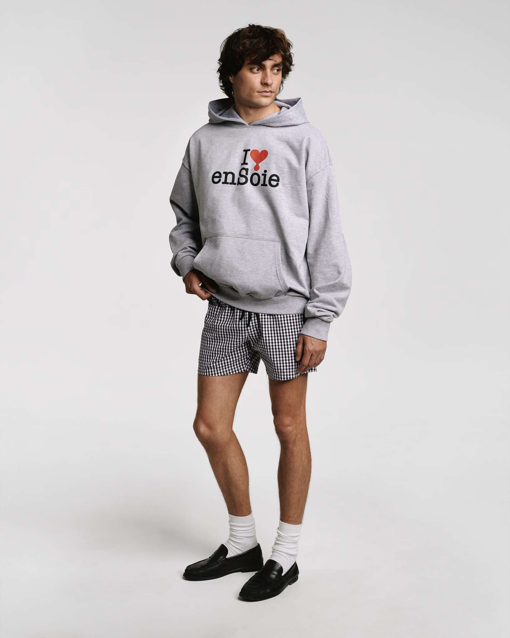 Model wearing the black vichy shorts in cotton