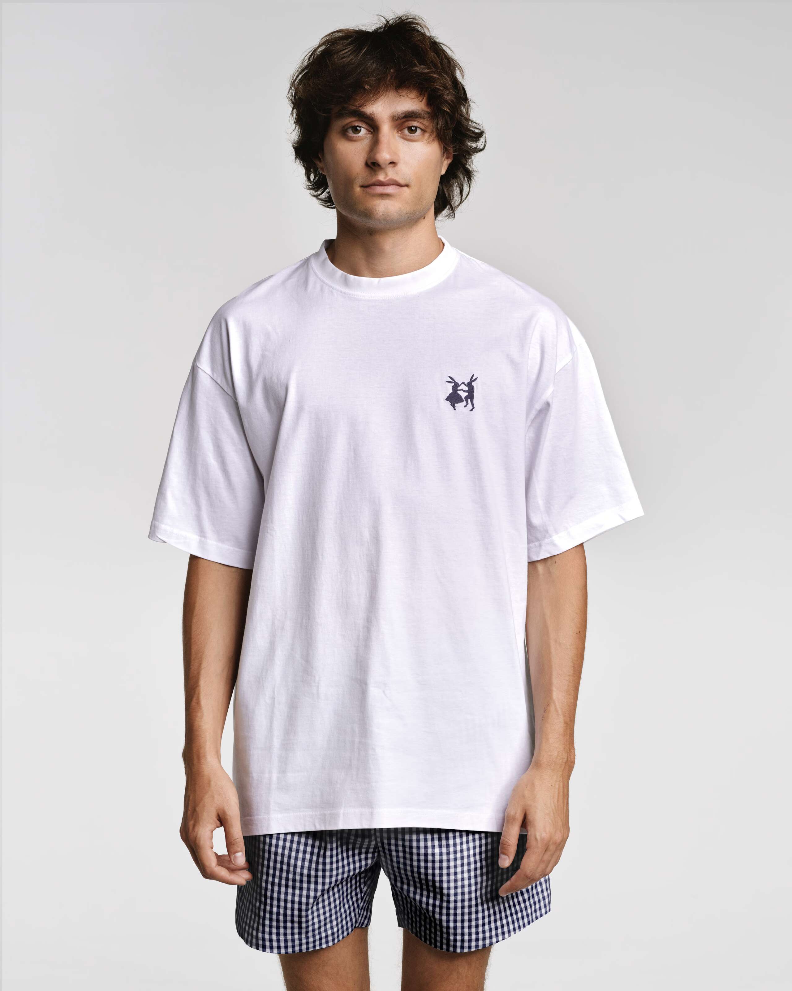 Model wearing Shirt rabbit logo navy