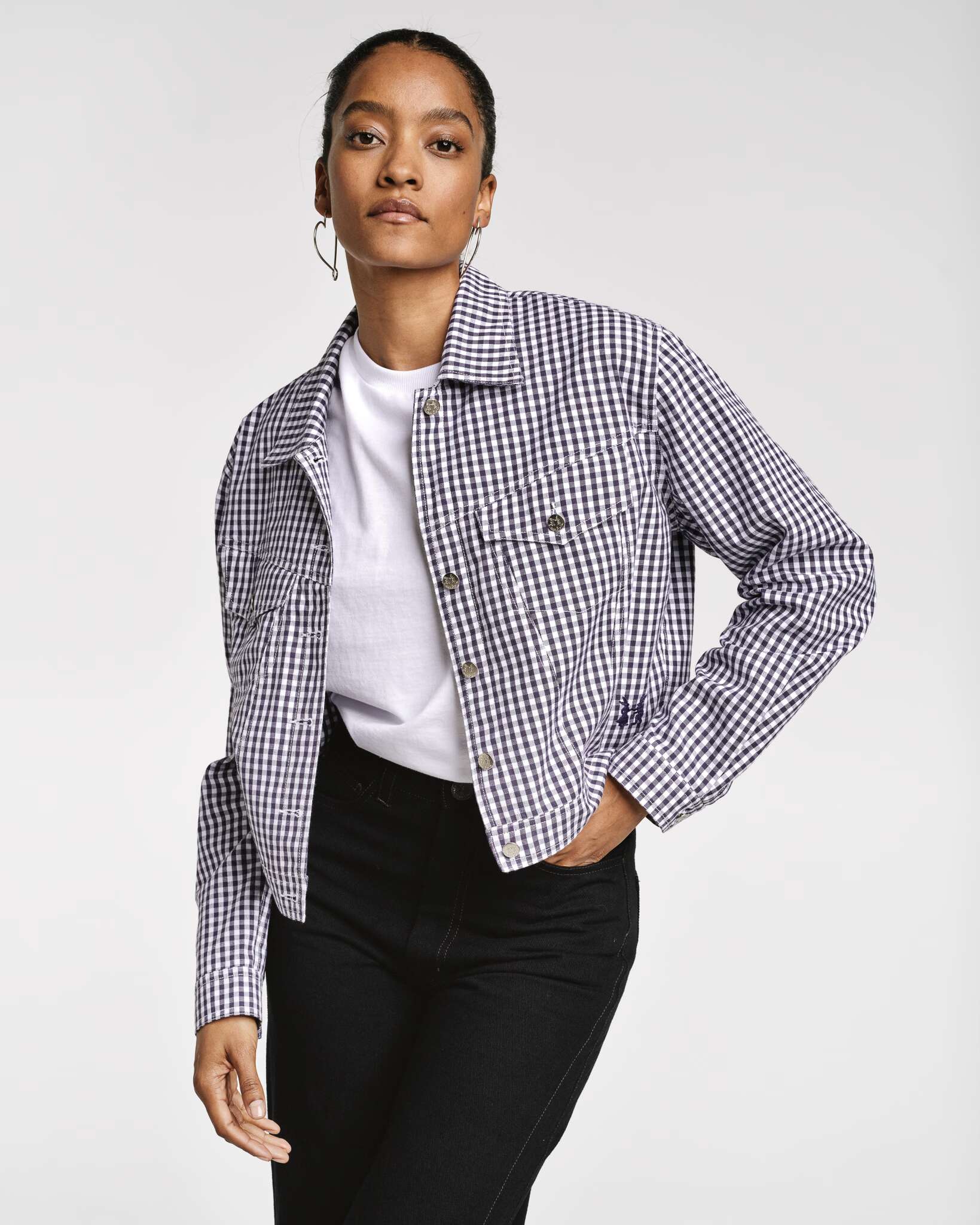 Model wearing the navy vichy check Jill jacket