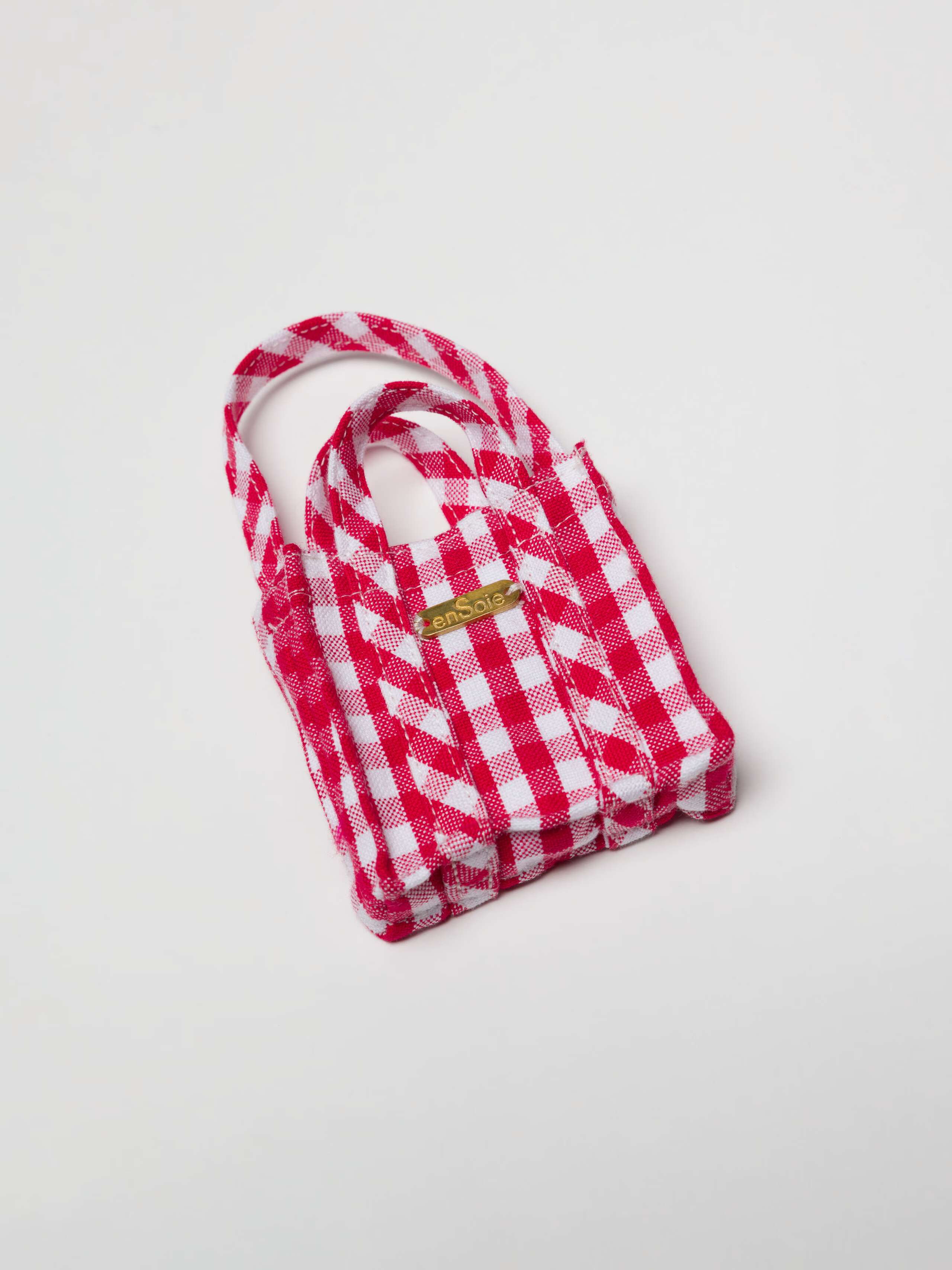 Fancy miniature Cabas charm for bag or keychain in red cotton vichy