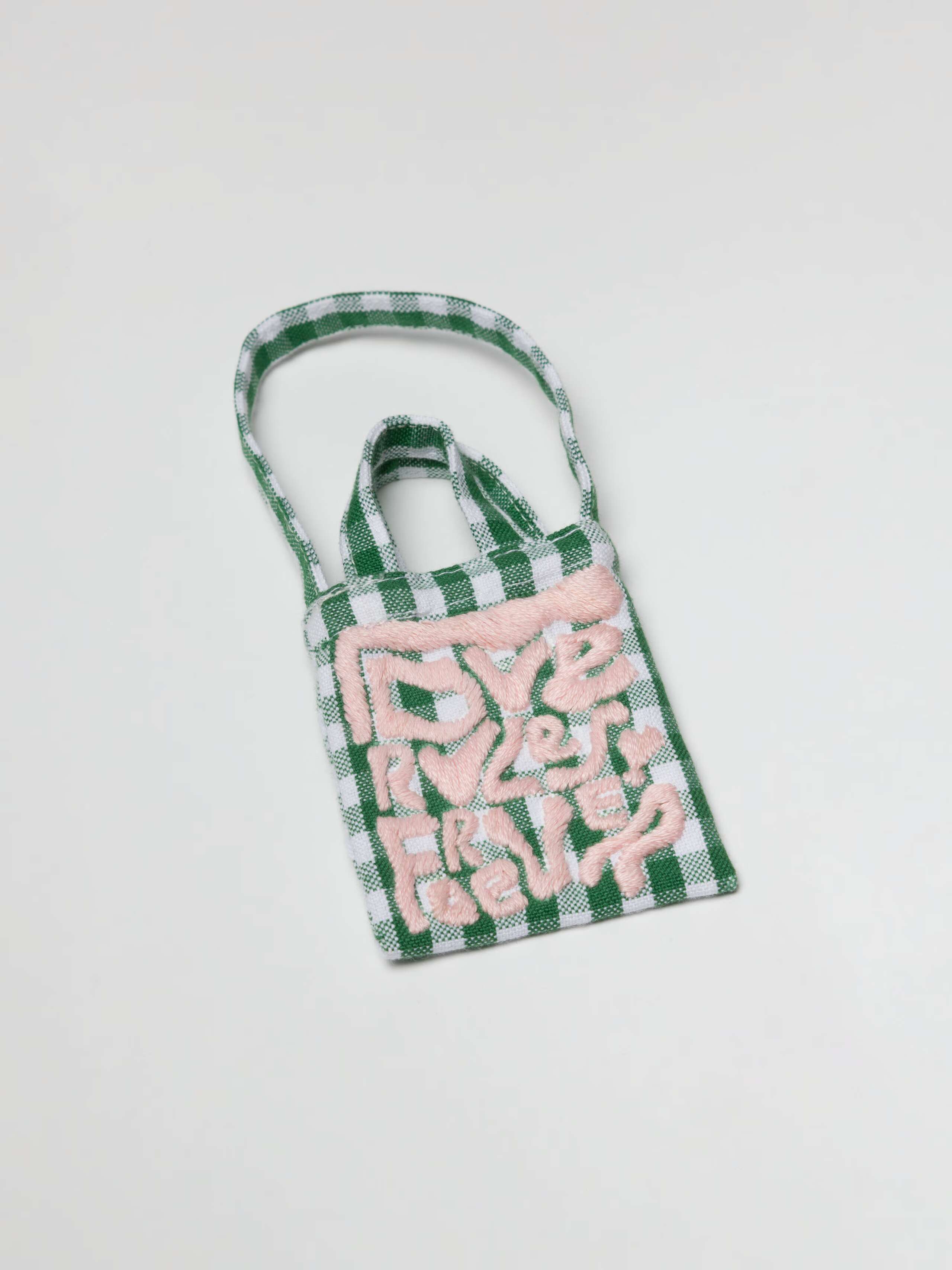 Miniature embroidered carry all bag fancy charm in green vichy