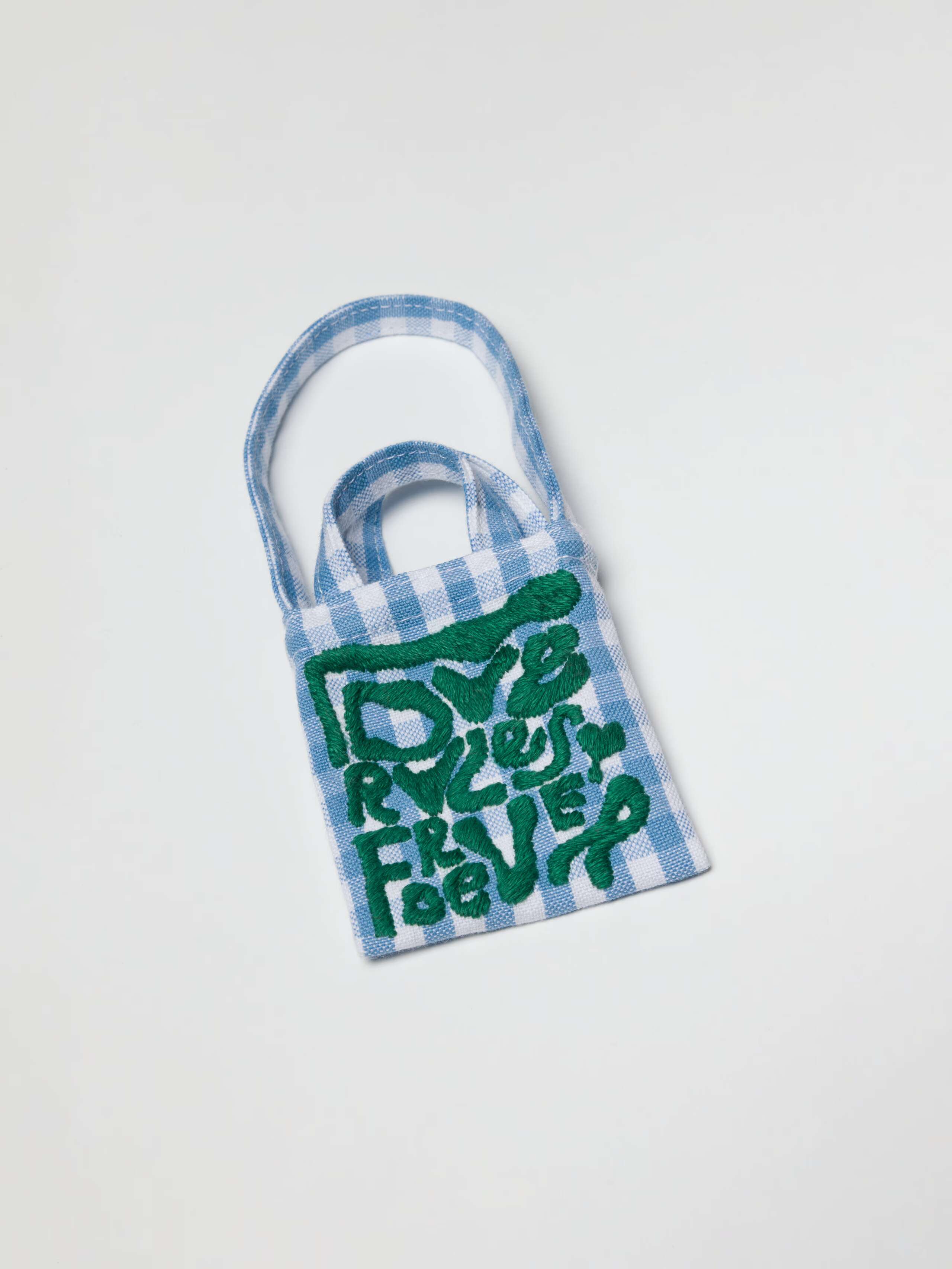 Miniature embroidered carry all bag fancy charm in light blue vichy