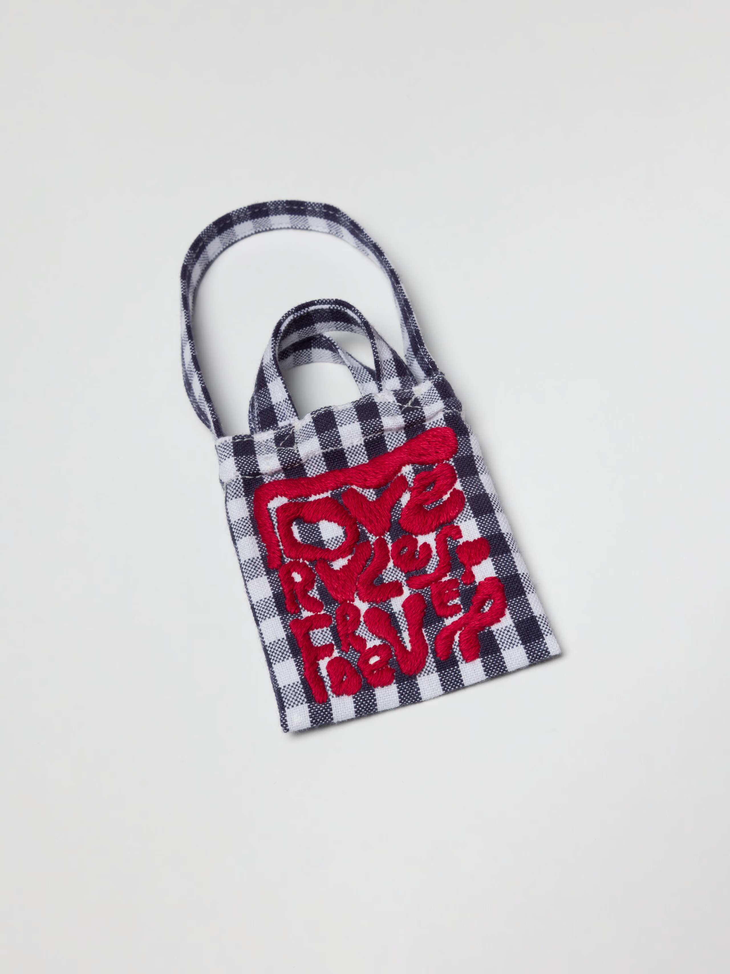 Miniature embroidered carry all bag fancy charm in navy vichy