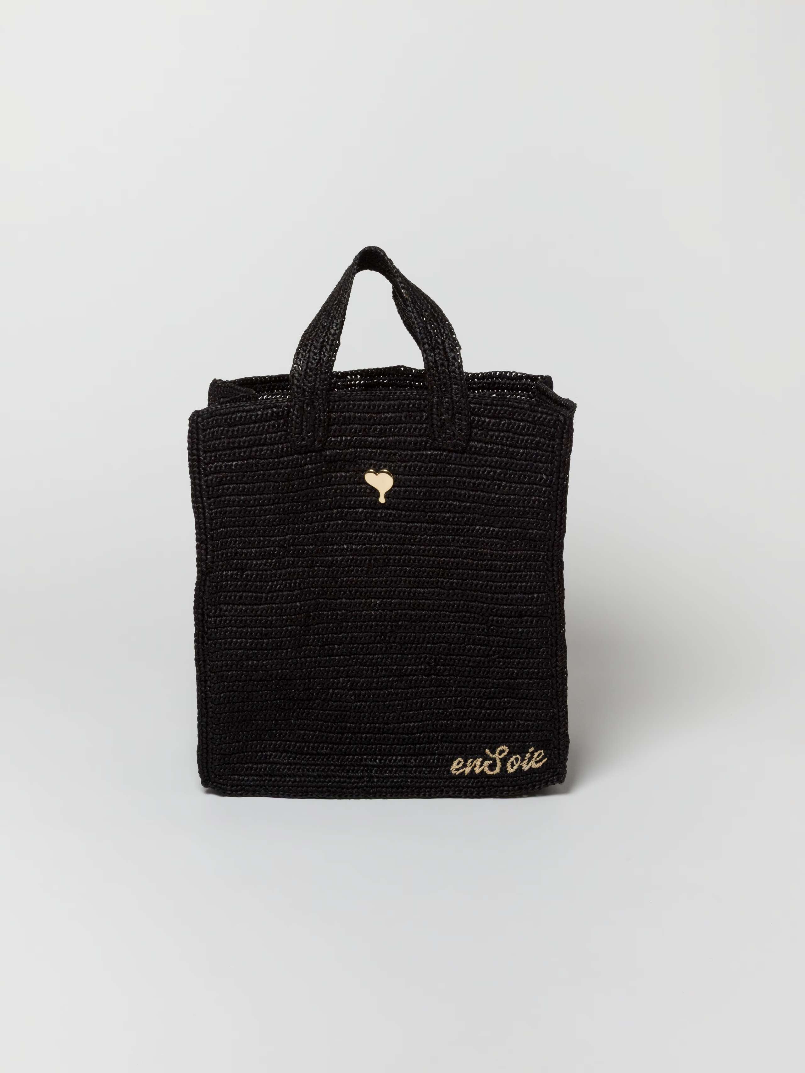 Cabas bag in black raffia woven with ensoie logo and brass heart