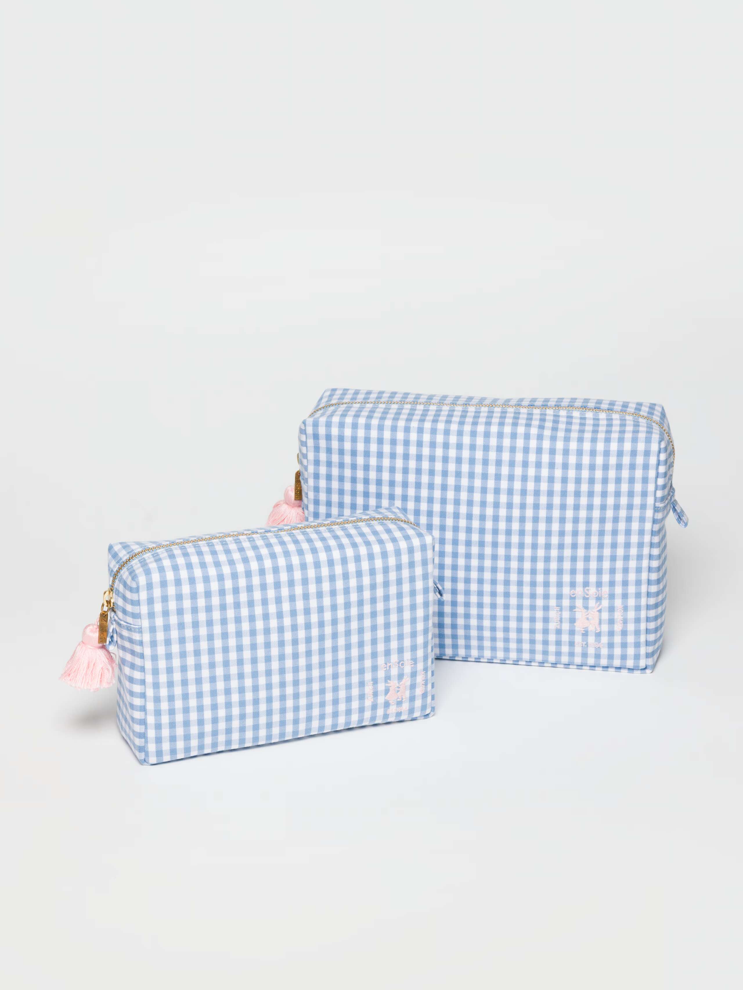 Tilda Toiletry Bag in cerulean blue vichy, size small and large