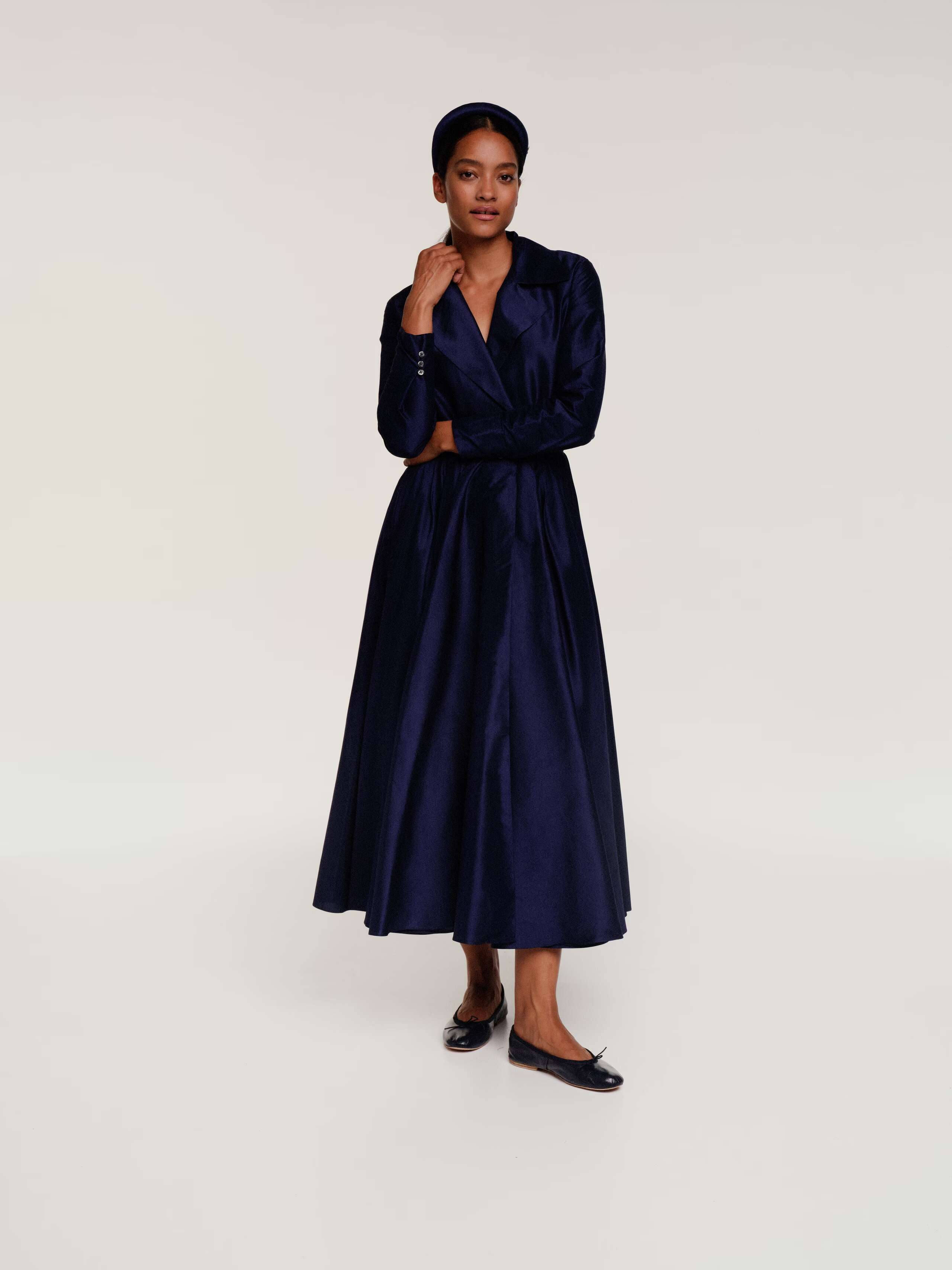 Delphine dress in silk navy with matching hairband