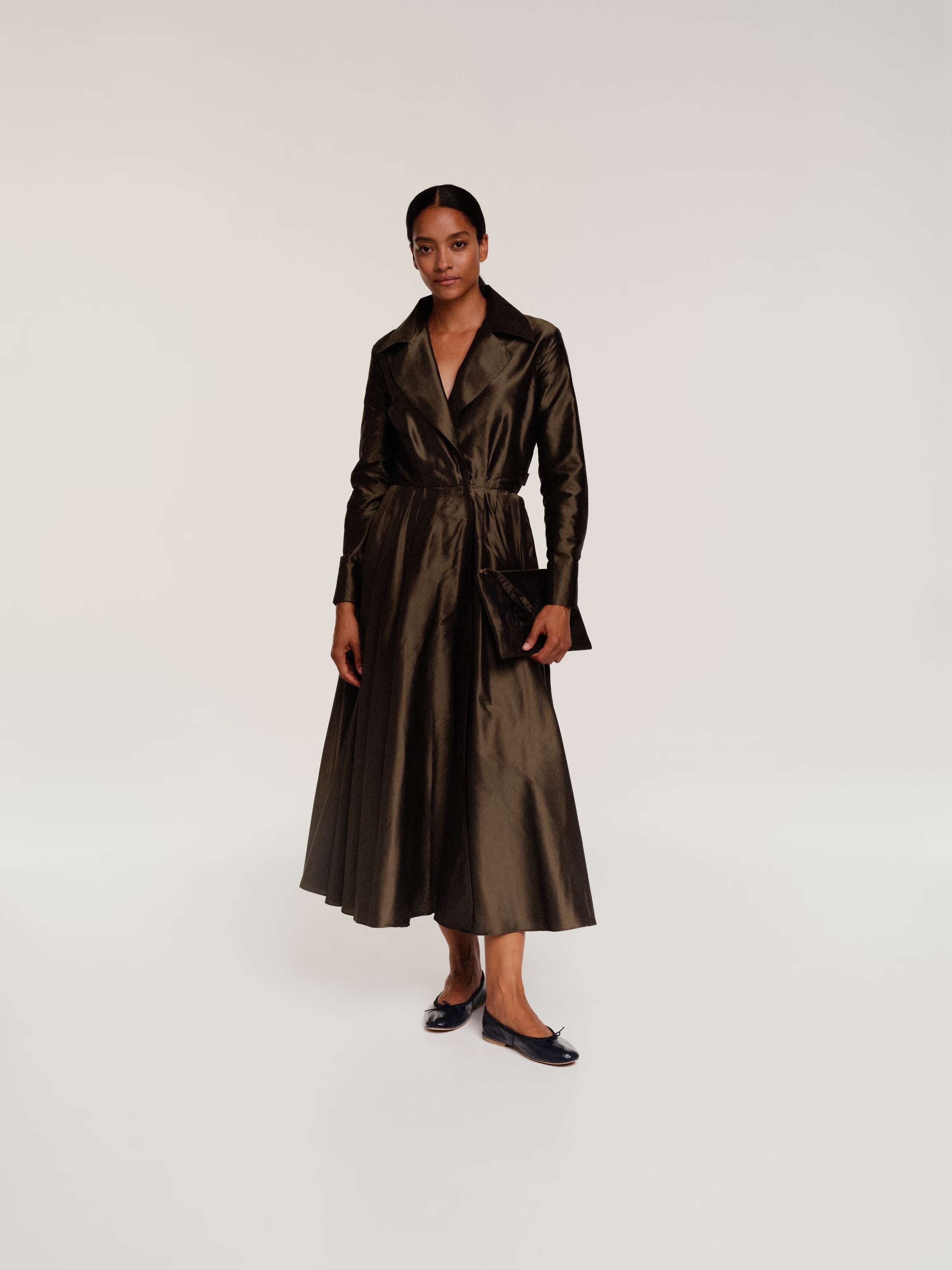 Khaki green delphine long dress in silk