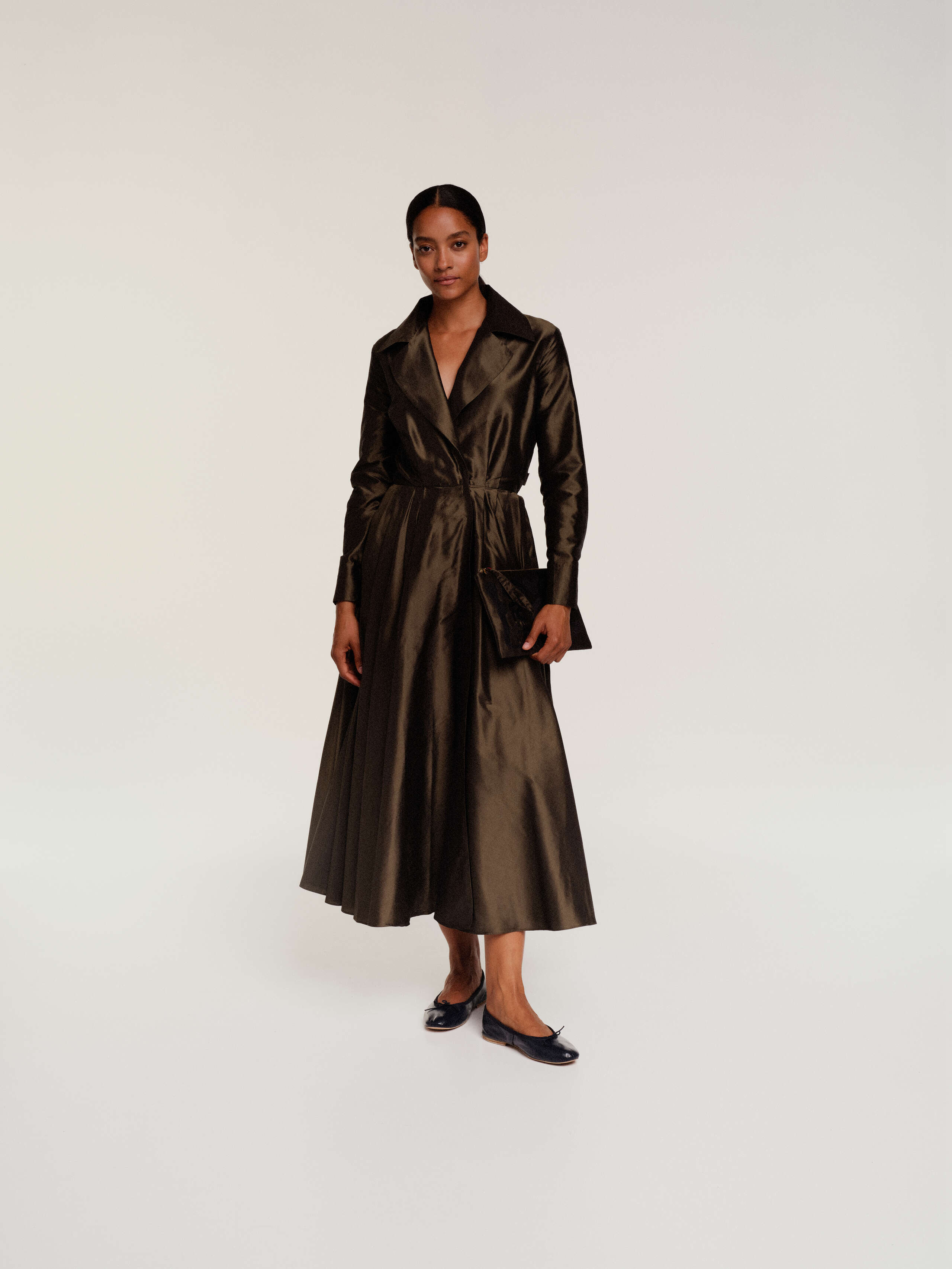 Khaki green delphine long dress in silk