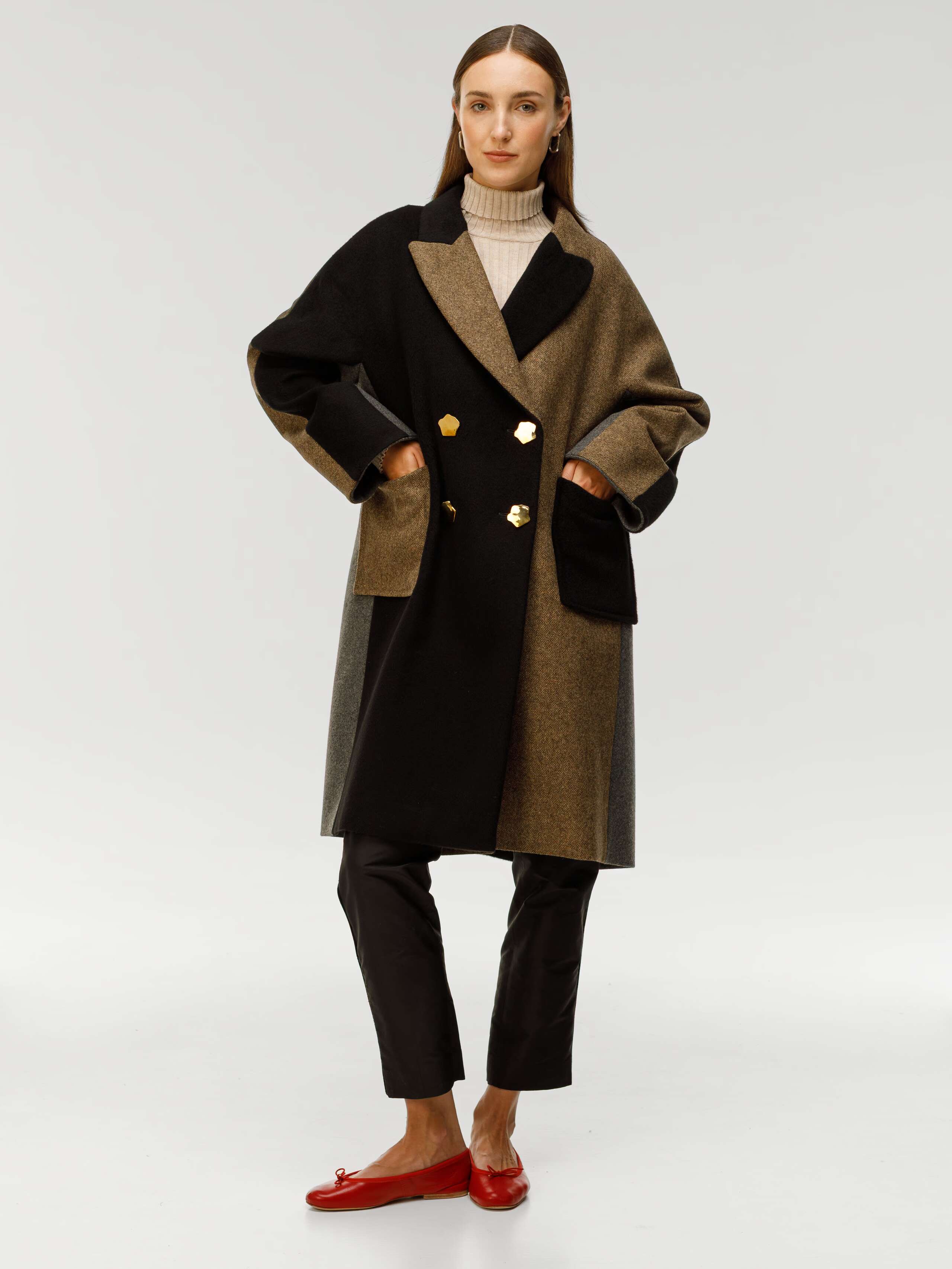 Allison patchwork coat of mixed wools in khaki worn by model