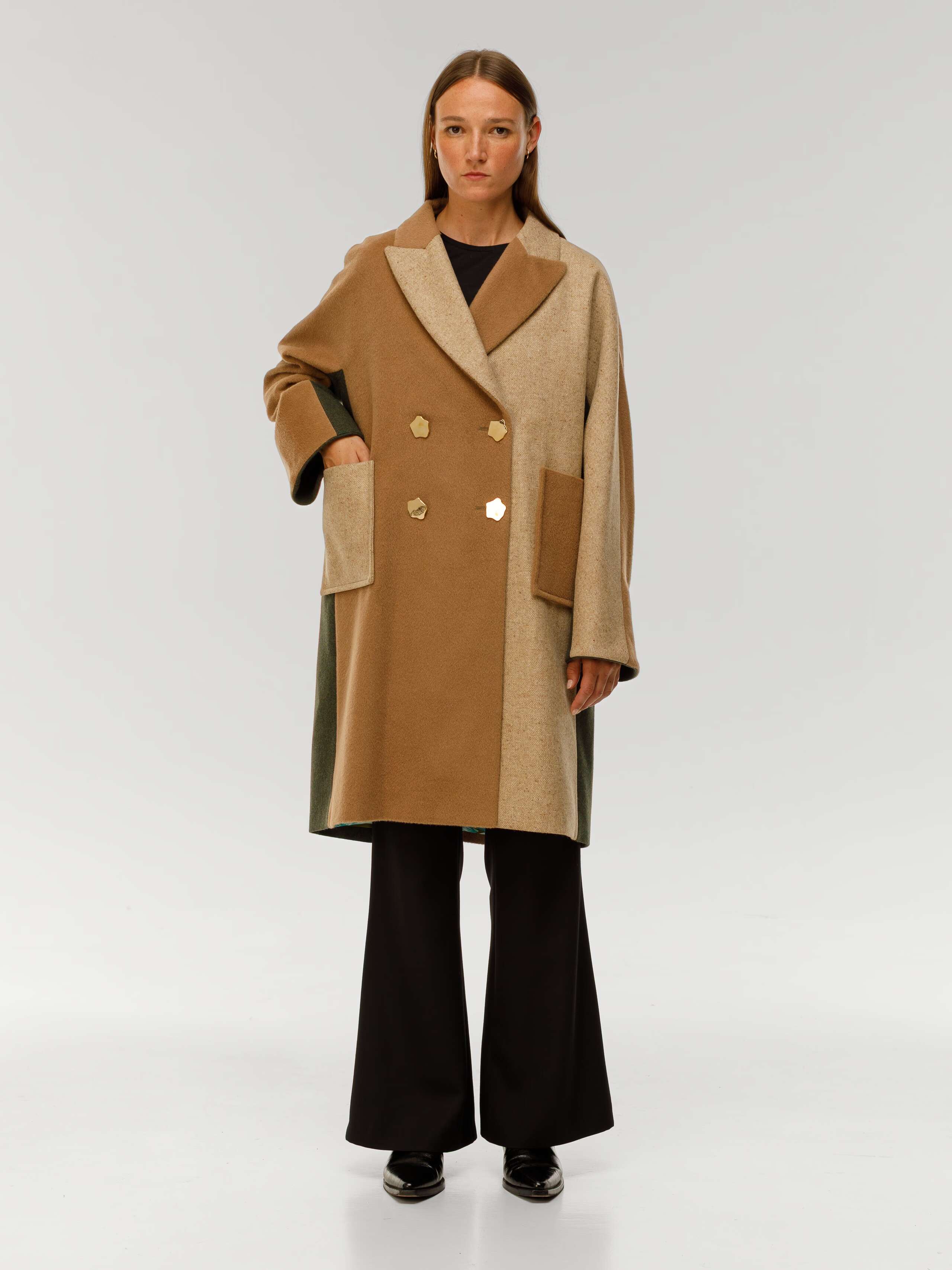 Allison patchwork coat of mixed wools in beige worn by model