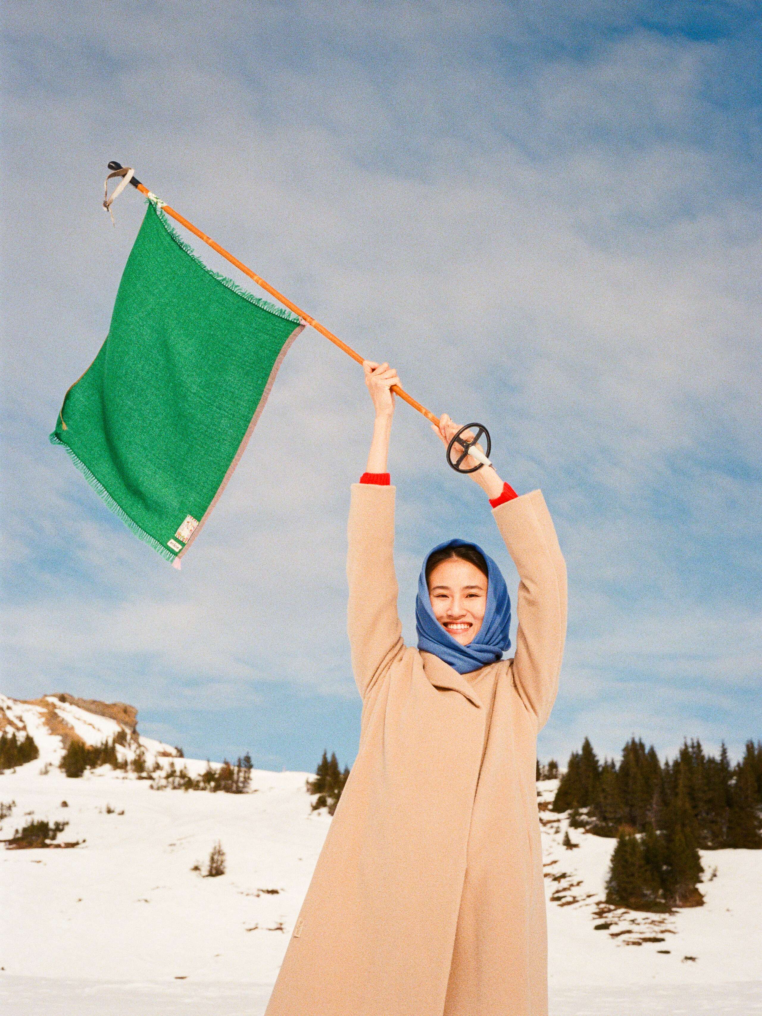 Picture of a women wearing a blue cashemre stole