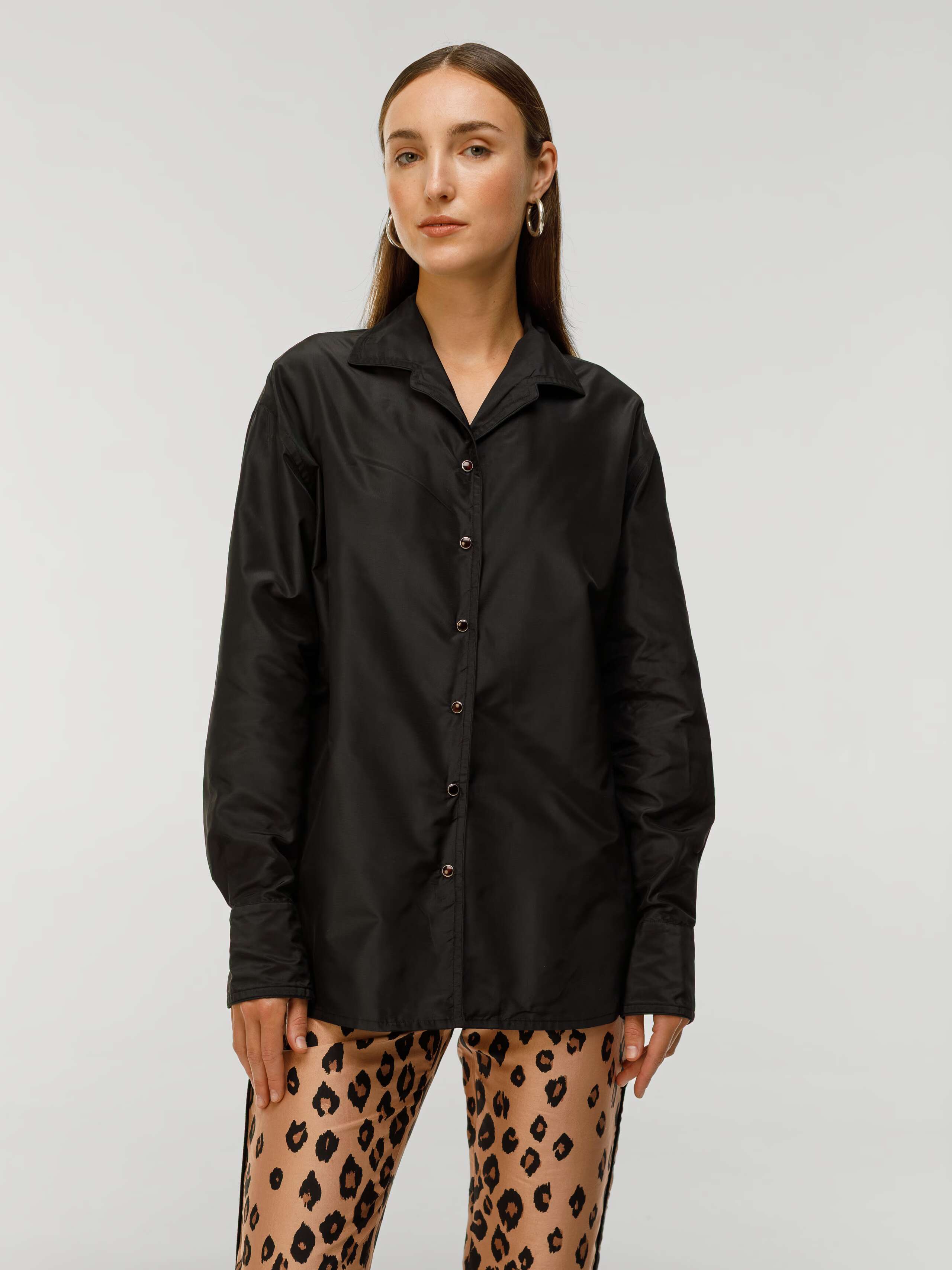 Malin Blouse in black Taffeta silk worn by model