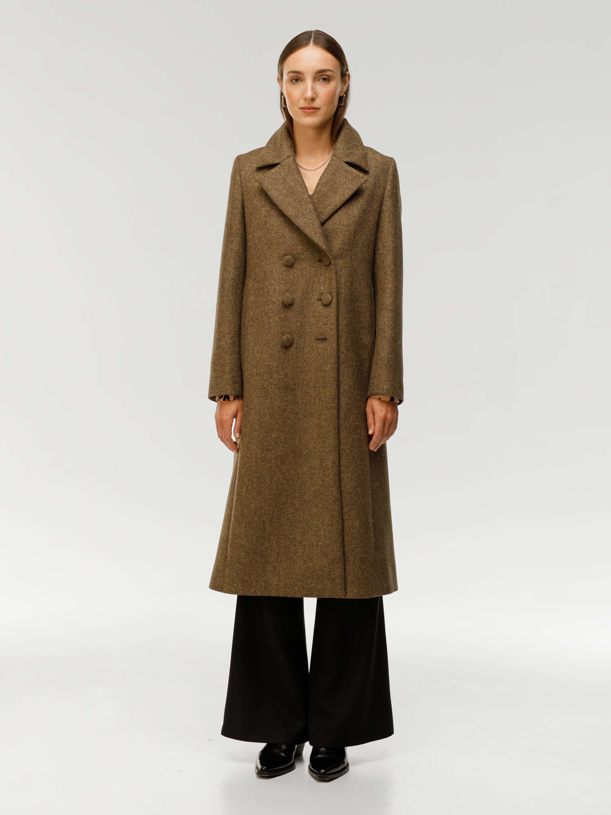 Milla coat in khaki donegal wool worn by model