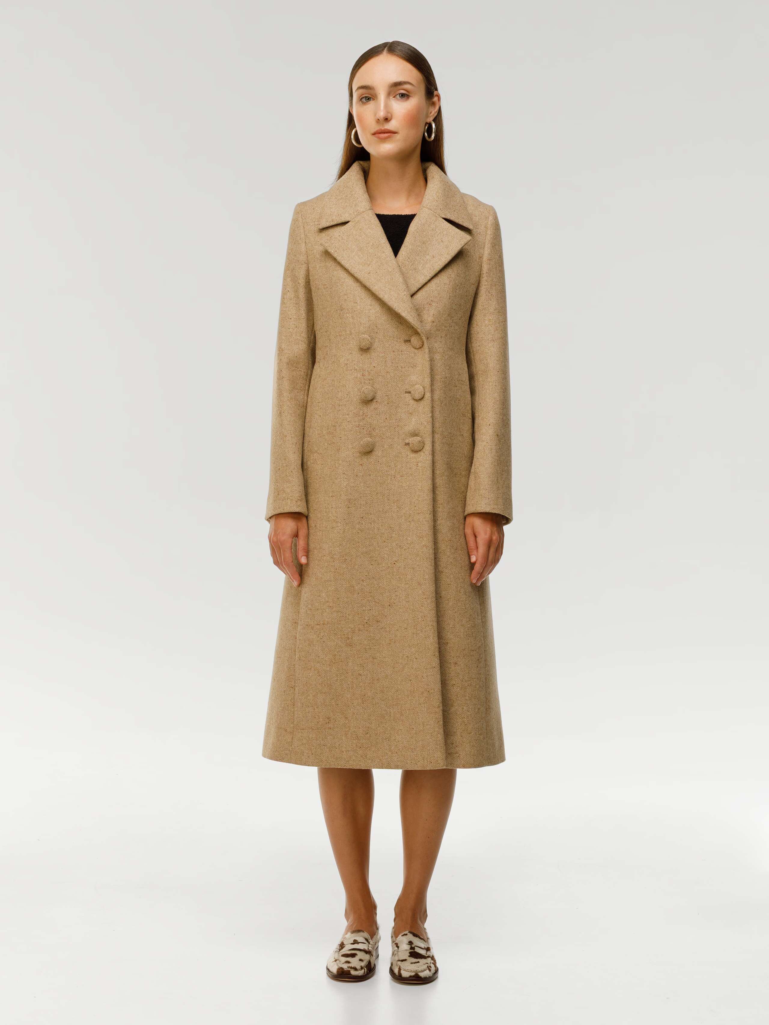 Milla coat in beige donegal wool worn by model