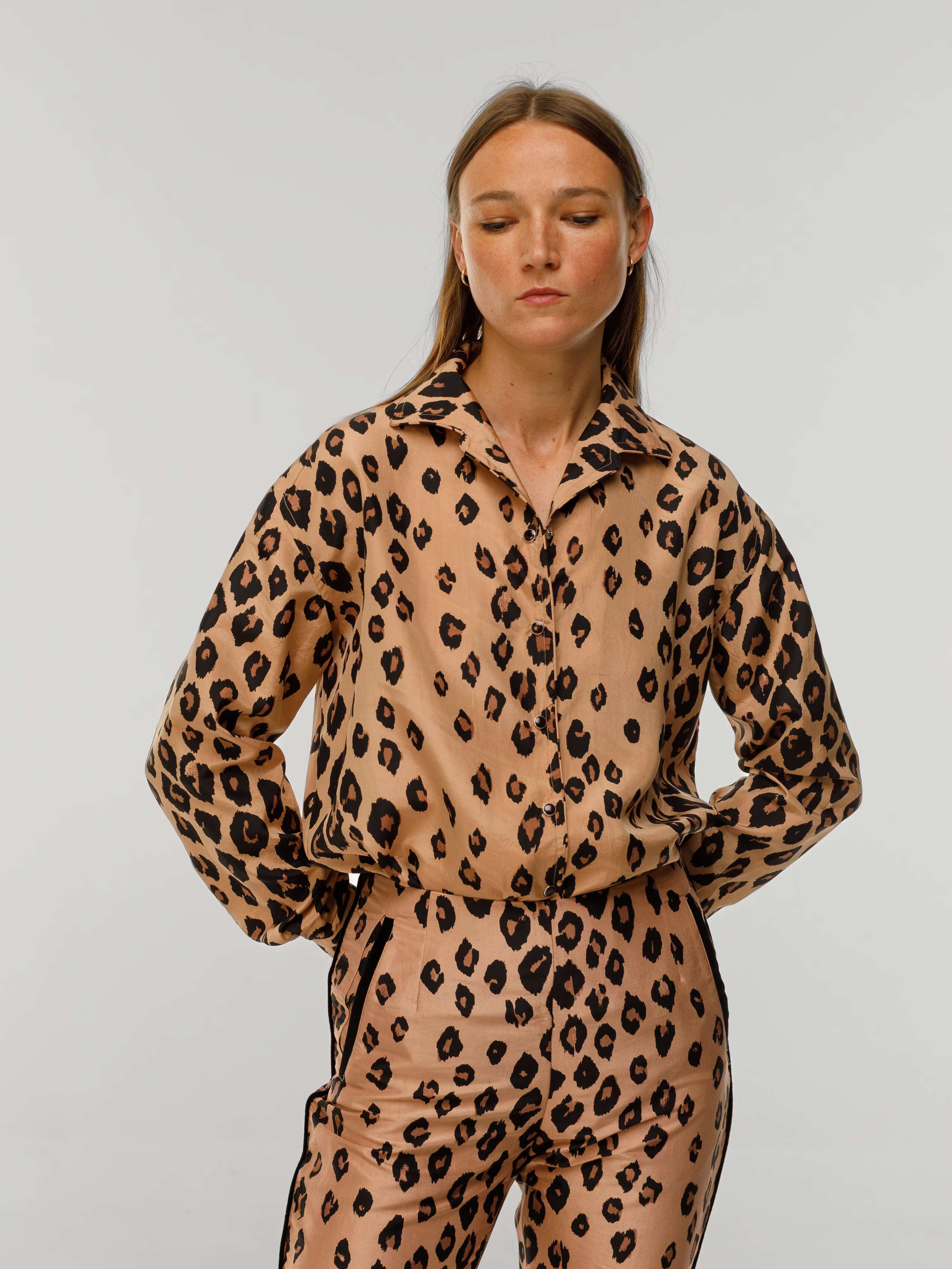 Malin blouse in heritage leopard print worn by model