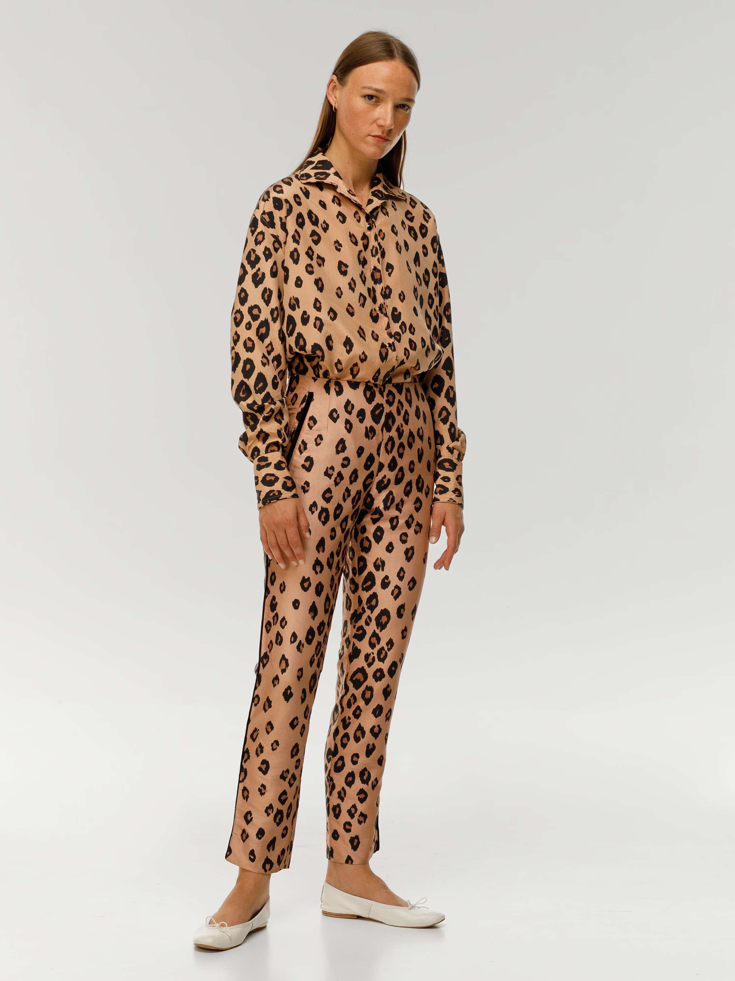 Malin blouse in heritage leopard print worn by model