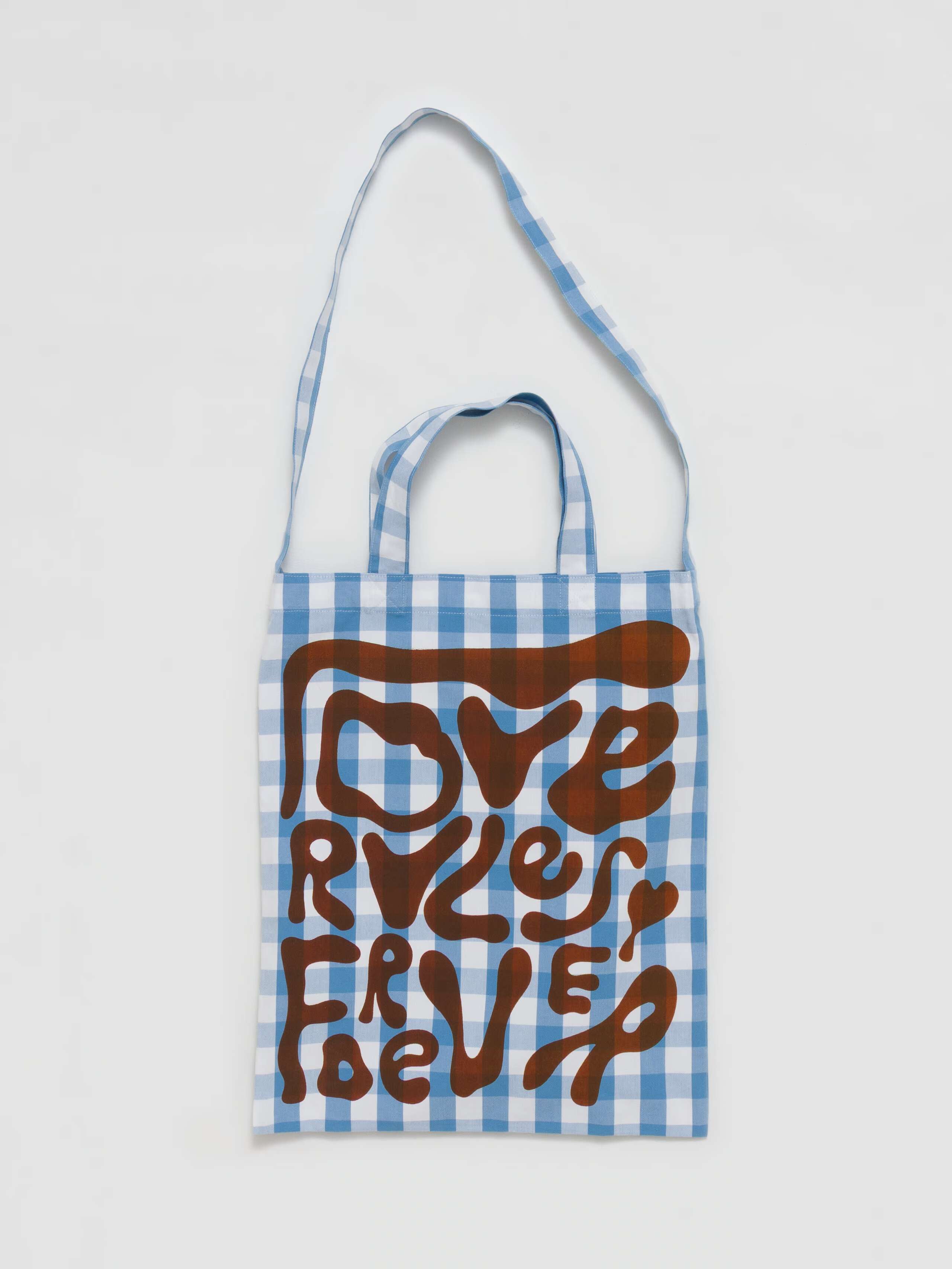 Carry all bag in vichy check calm blue light blue with brown print