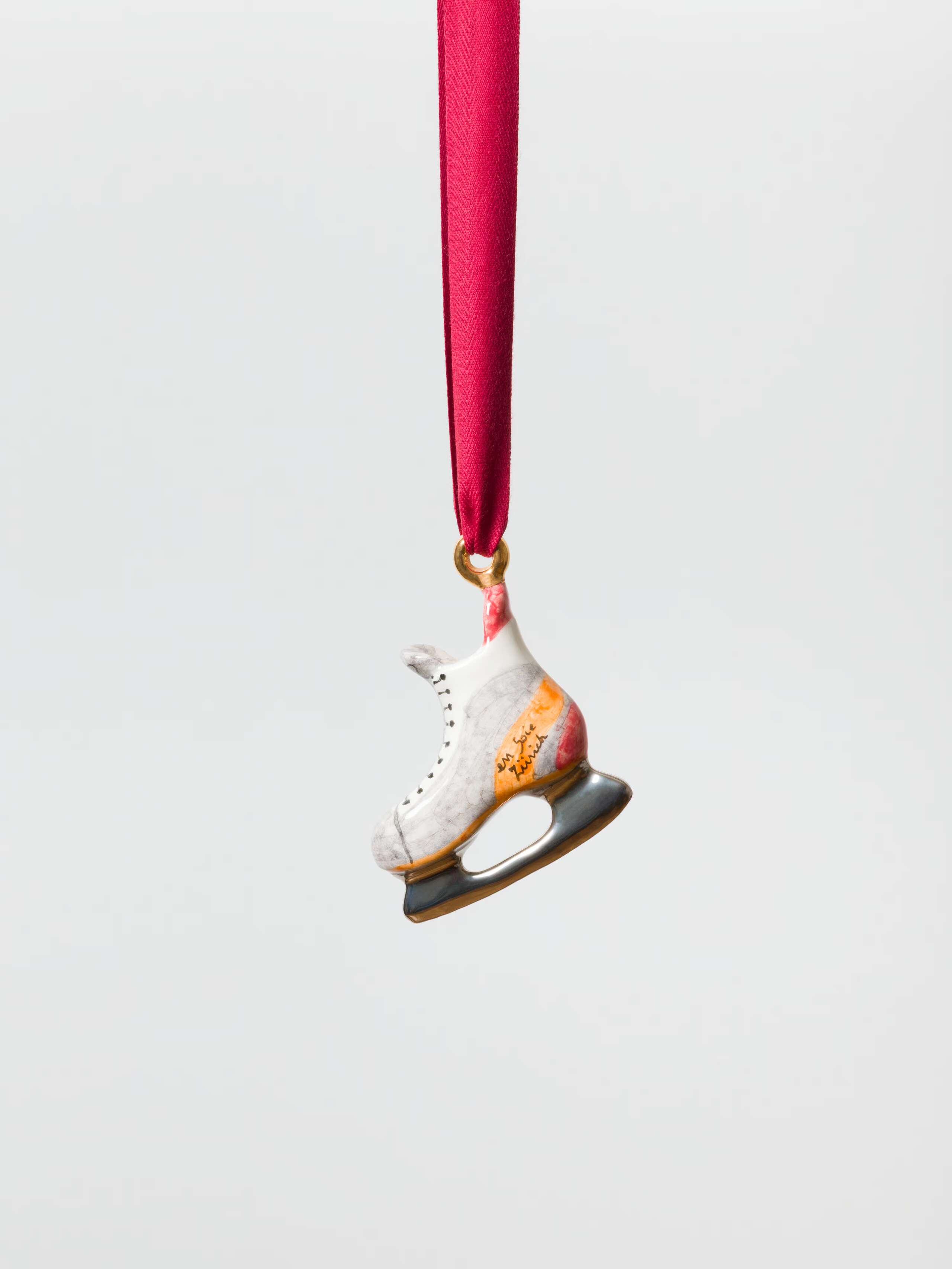 Ice Skate in grey with orange and red Details ceramic ornament