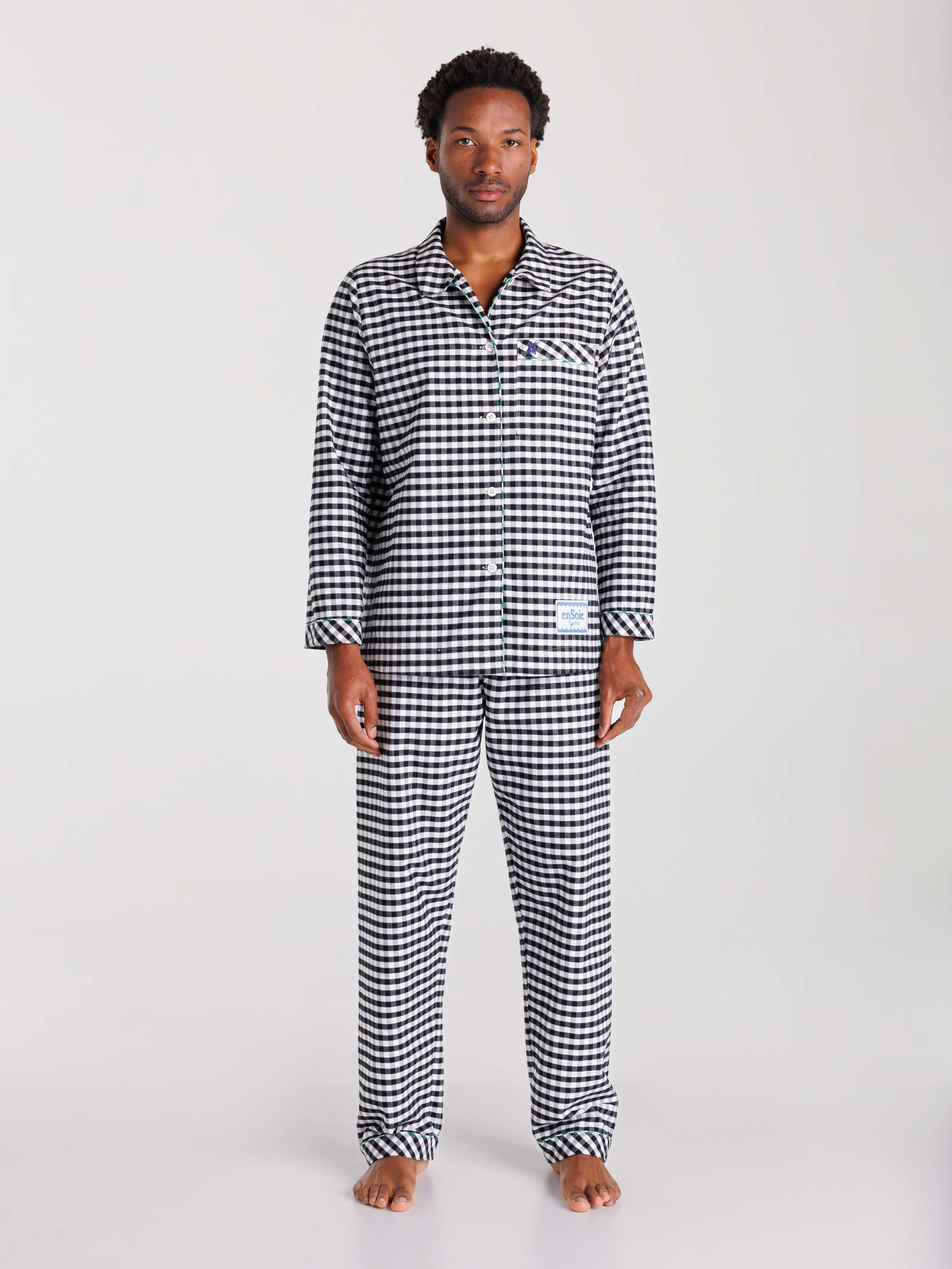 Cotton flannel vichy pyjama in Black worn by male model