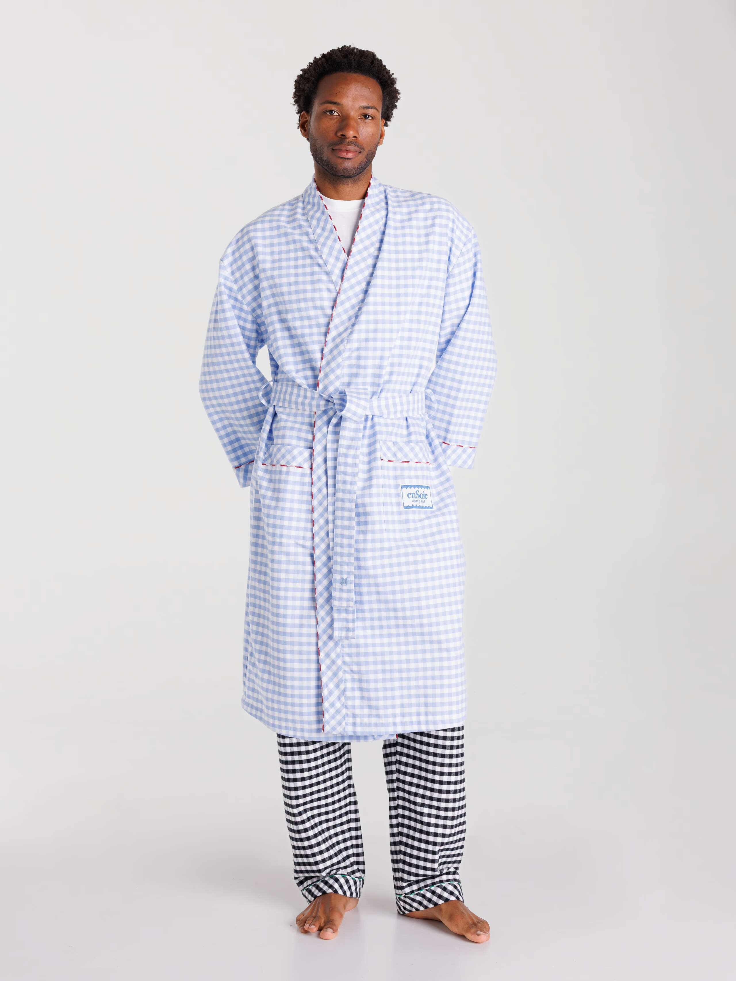 Cotton flannel vichy robe in cerulean blue