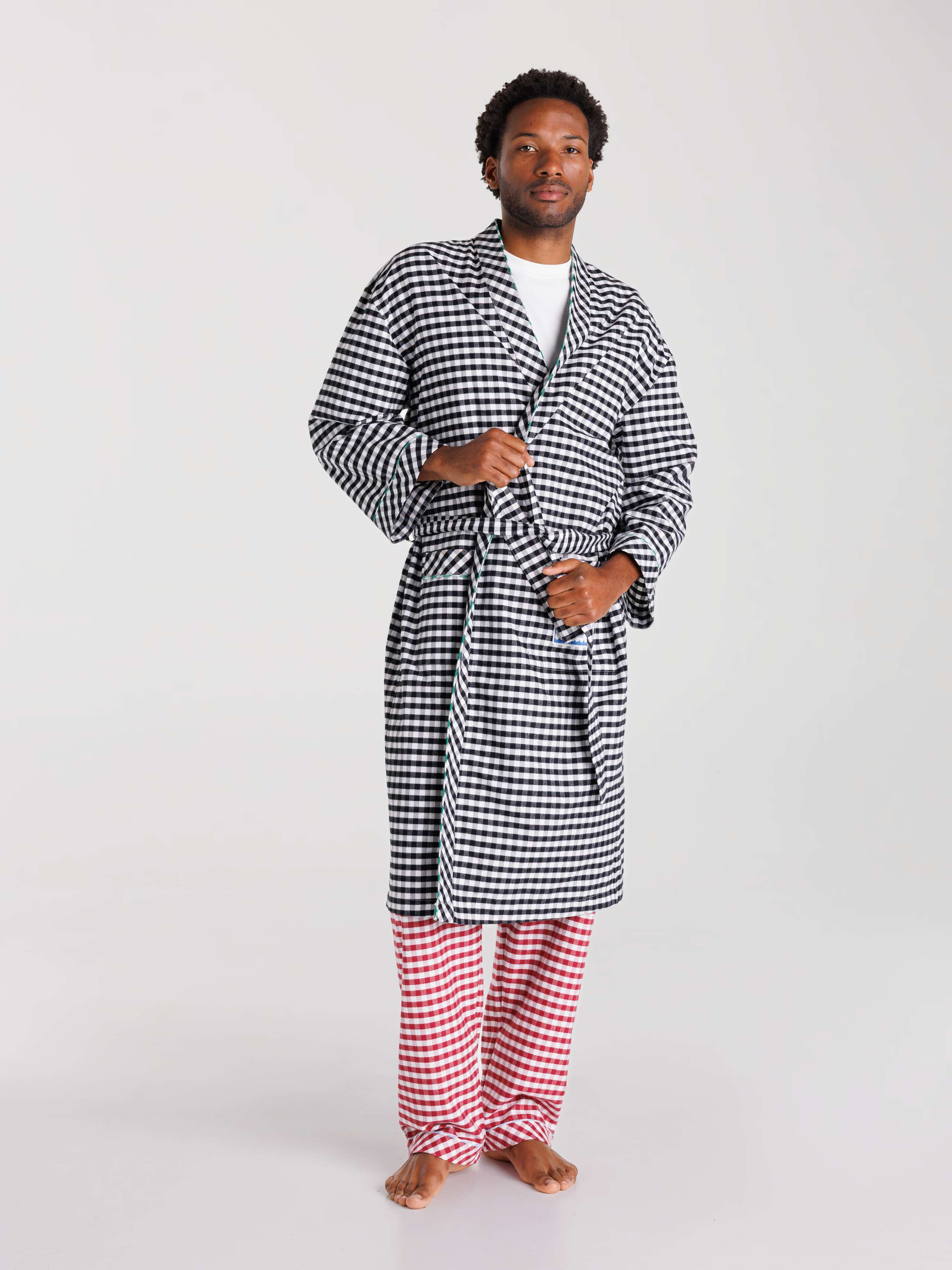 Cotton flannel vichy robe in Black
