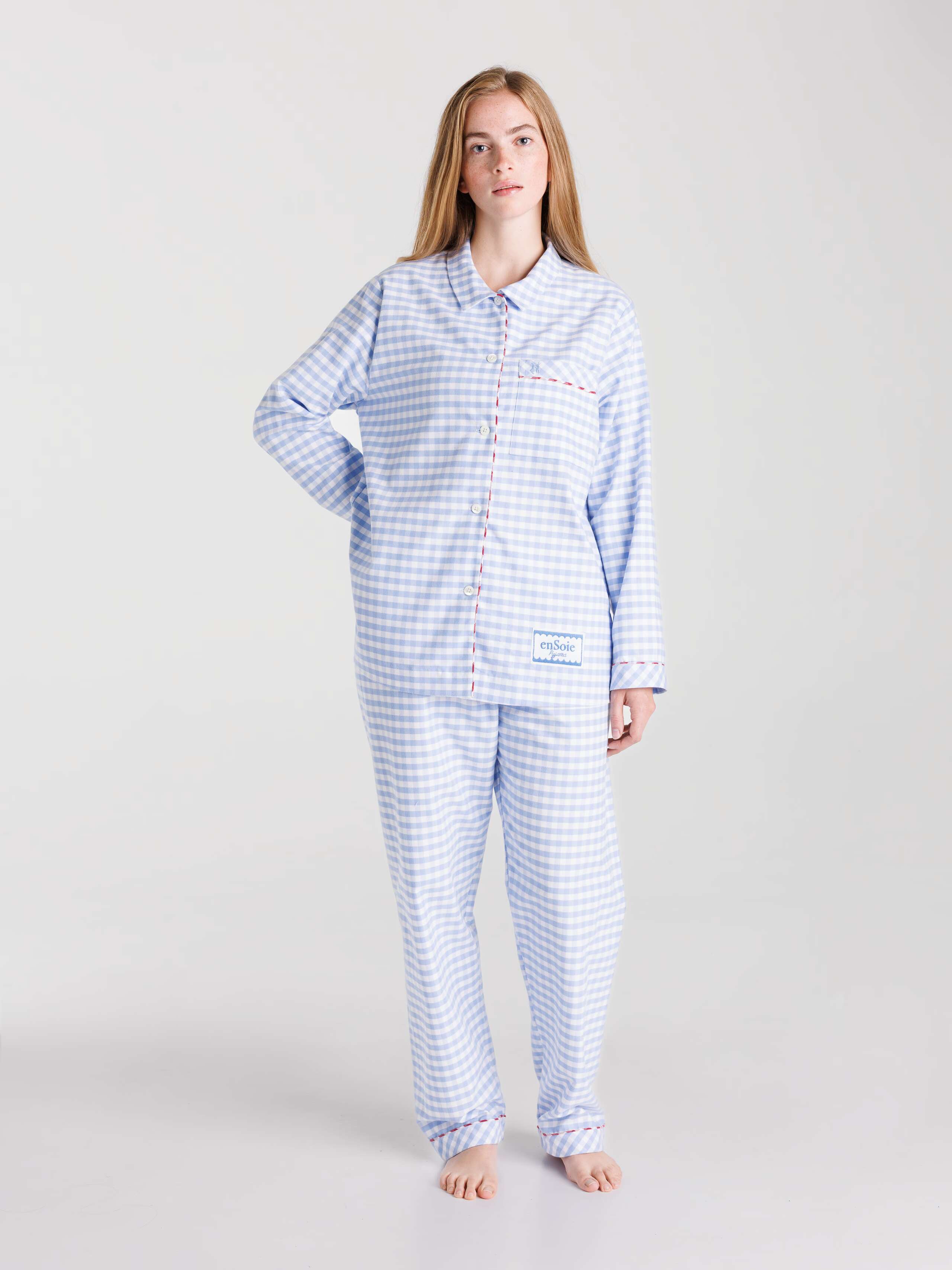 Cotton flannel vichy pyjama in Cerulean Blue worn by female model
