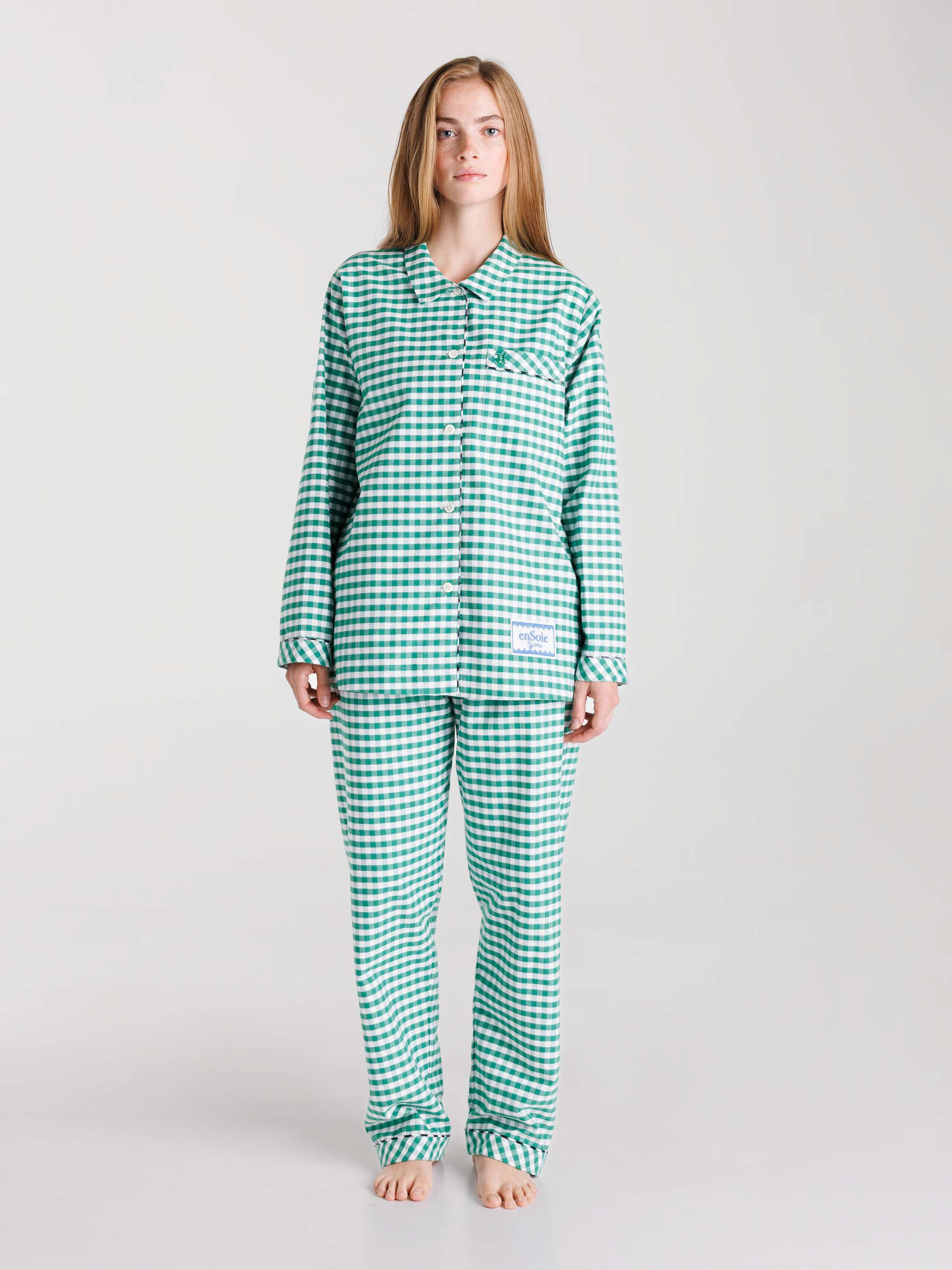 Cotton flannel vichy pyjama in Linden Green worn by female model