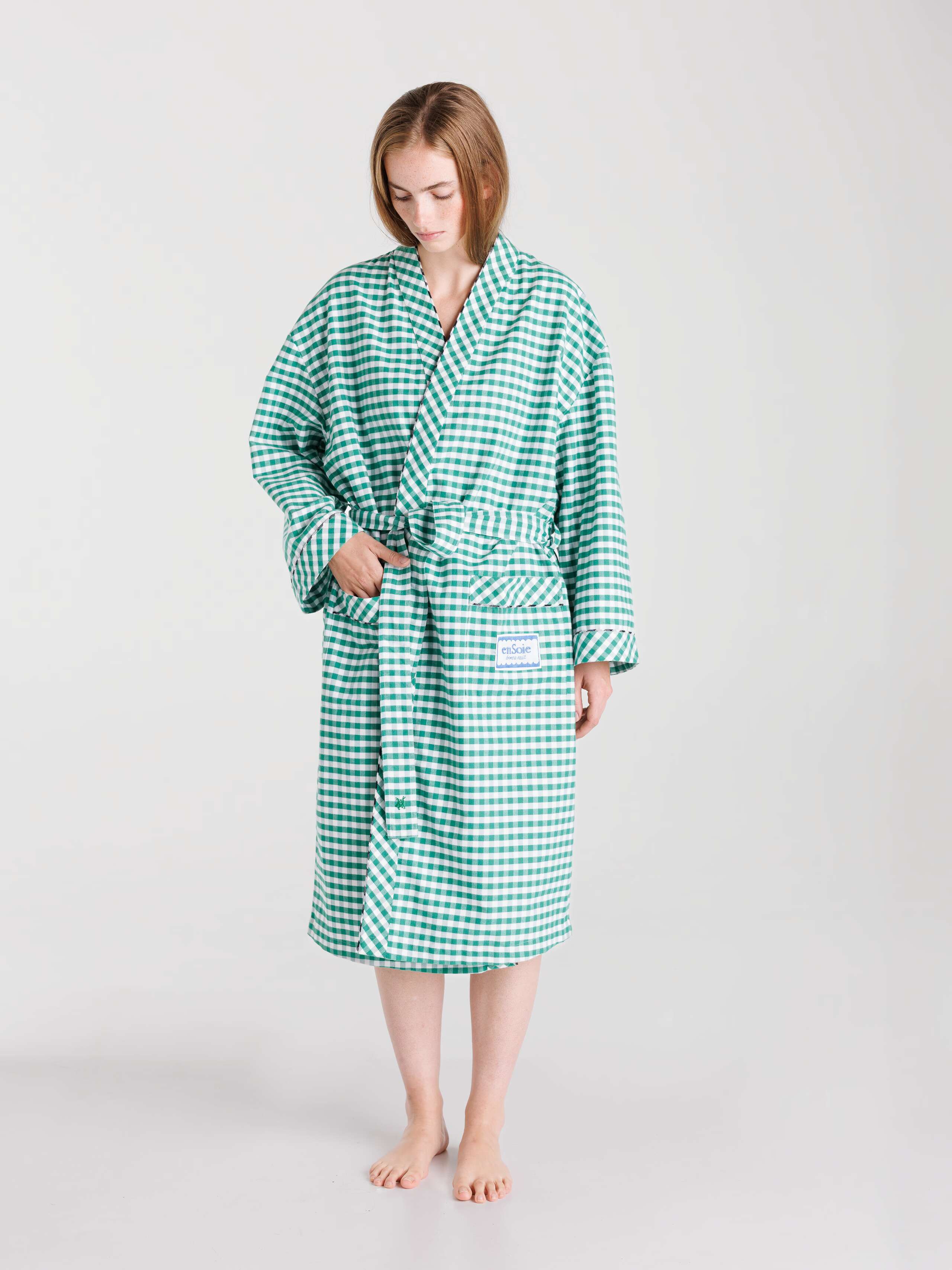 Cotton flannel vichy robe in Linden Green