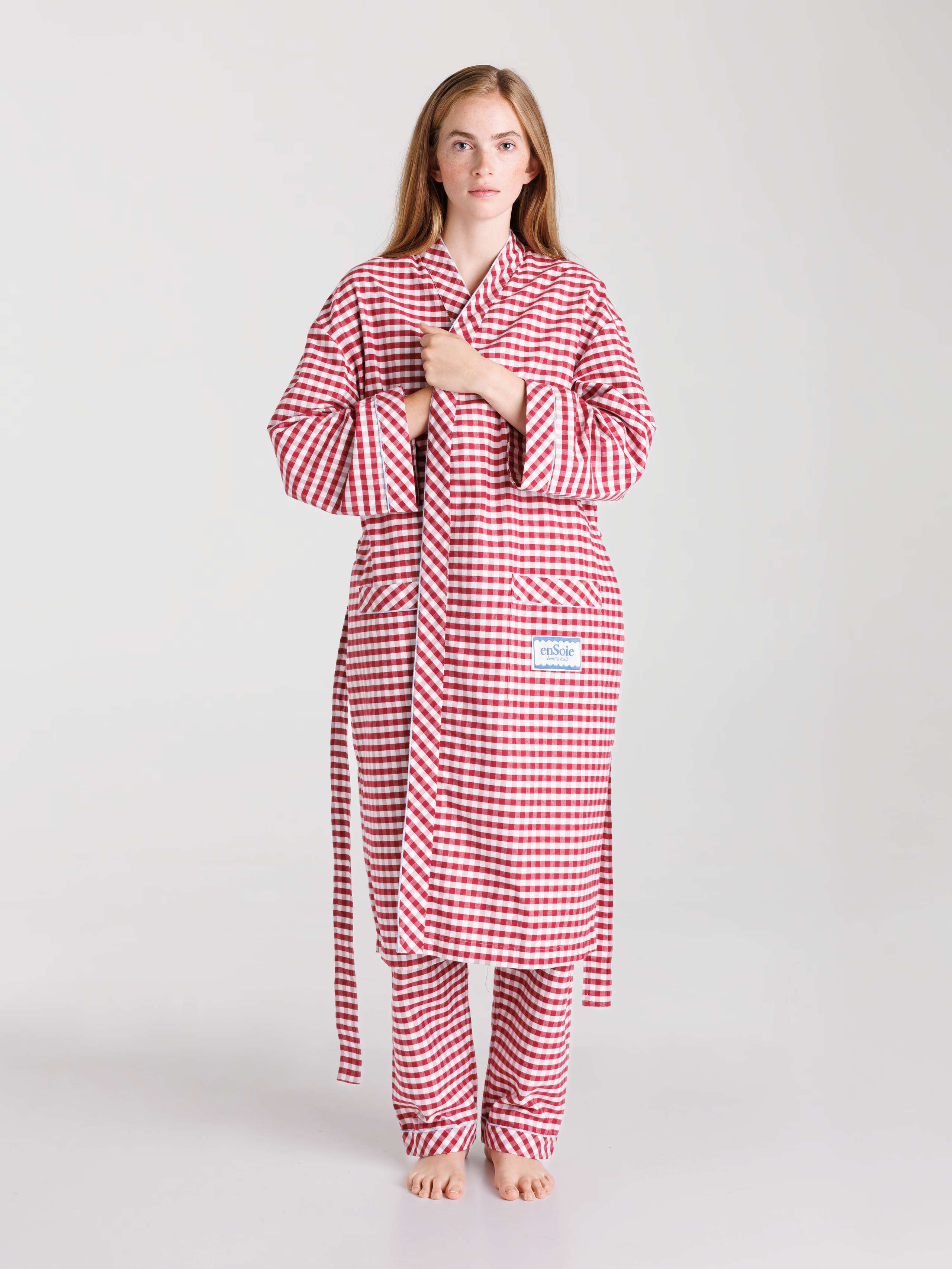 Cotton flannel vichy robe in enSoie Red